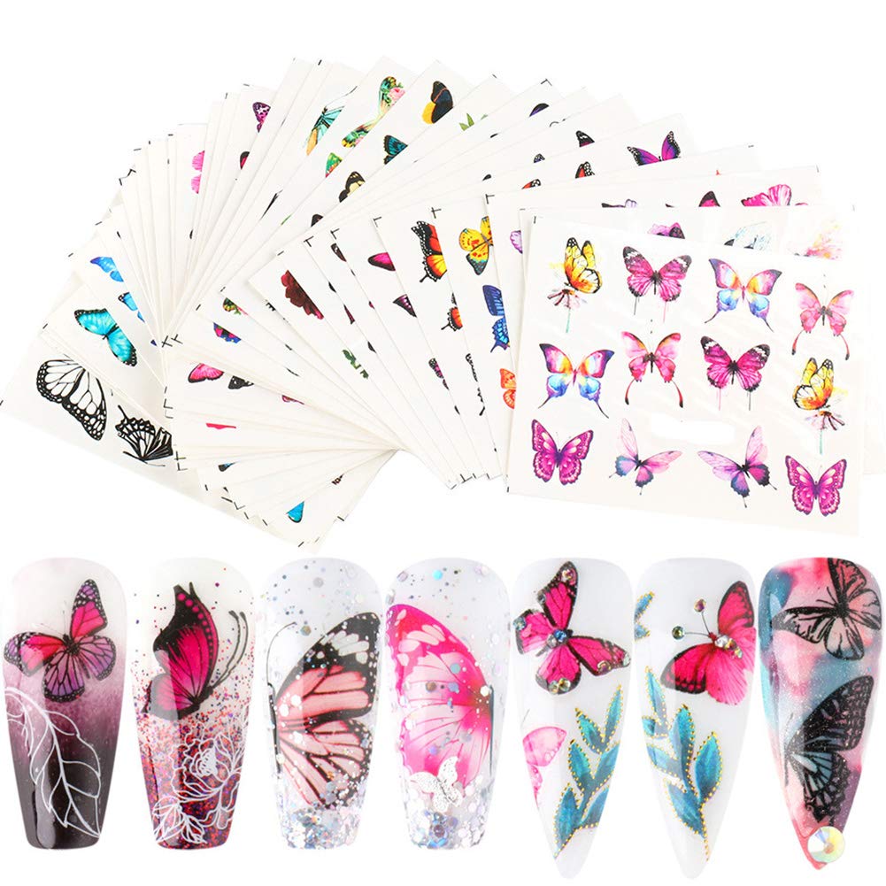 AKOAK 30 Pcs Black & White Colorful Butterfly Nail Stickers - Water Transfer Nail Decals for Girls, DIY Nail Art Design, Manicure Decorations - Perfect for Parties, Weddings, and Special Occasions