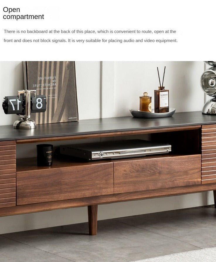 Black Walnut Solid Wood TV Stand with Slate Top - Rustic Modern Entertainment Center for Living Room, Bedroom & Home Theater