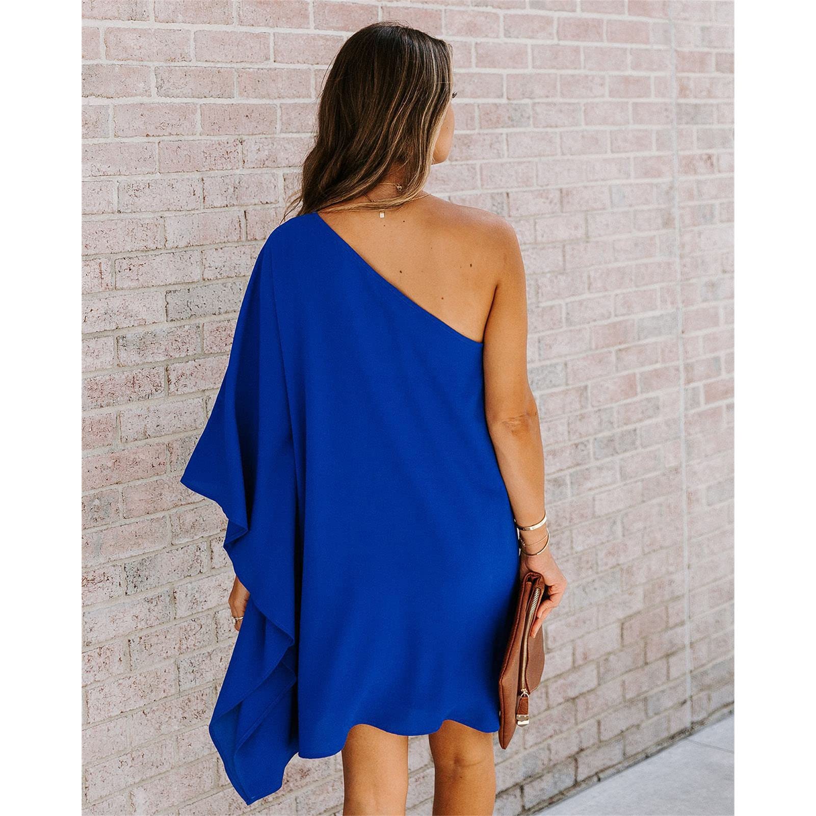 Women's One Shoulder Cape Mini Dress - Casual Loose Batwing Sleeve T-Shirt Dress for Party, Club & Cocktail | Solid Color Summer Outfit for Night Out, Date Night & Special Occasions