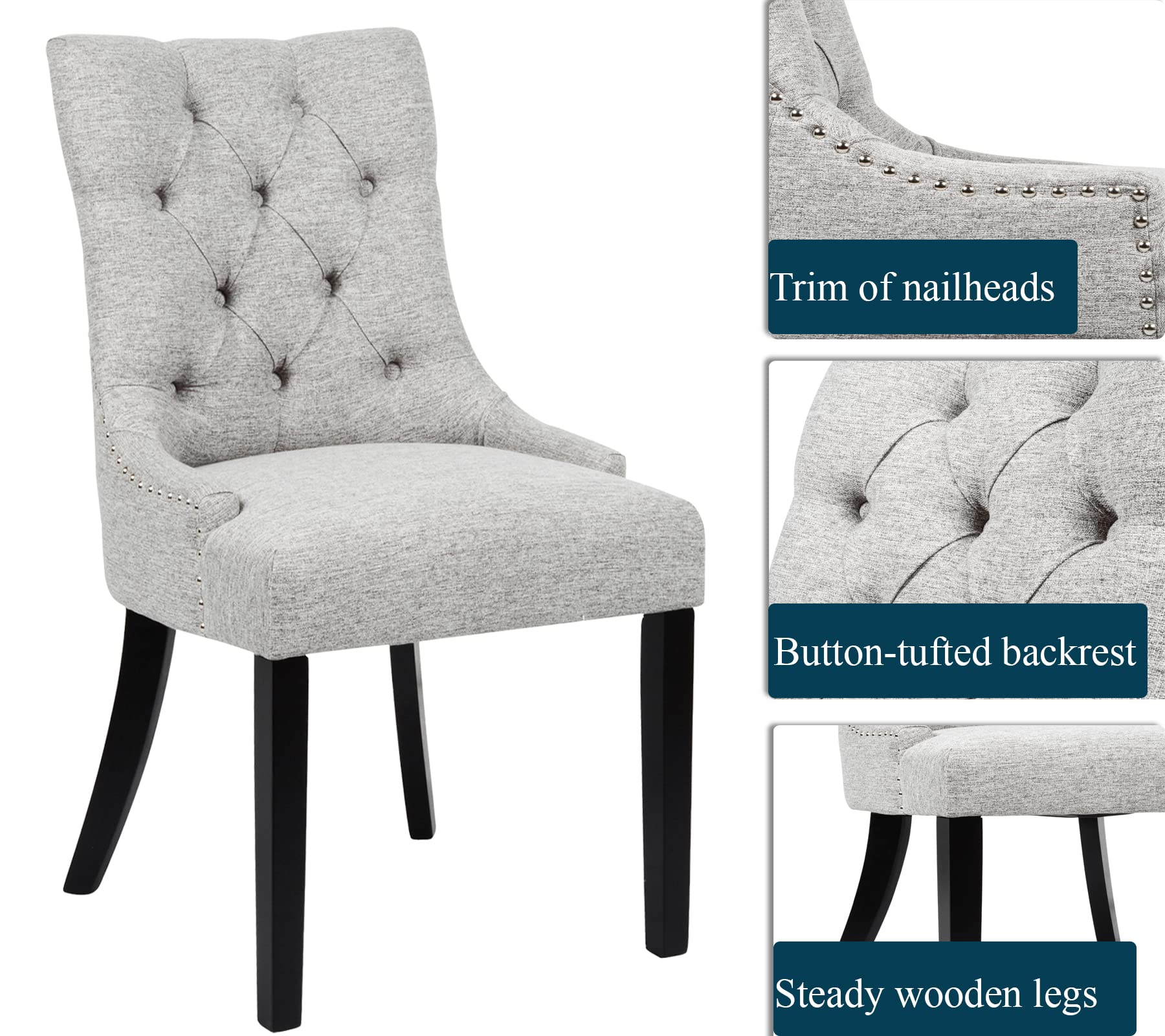 Modern Grey Flesser Fabric Upholstered Dining Chair Set of 2 - Tufted Accent Kitchen Chairs for Dining Room, Parsons Table - Perfect for Home, Restaurant & Office Use