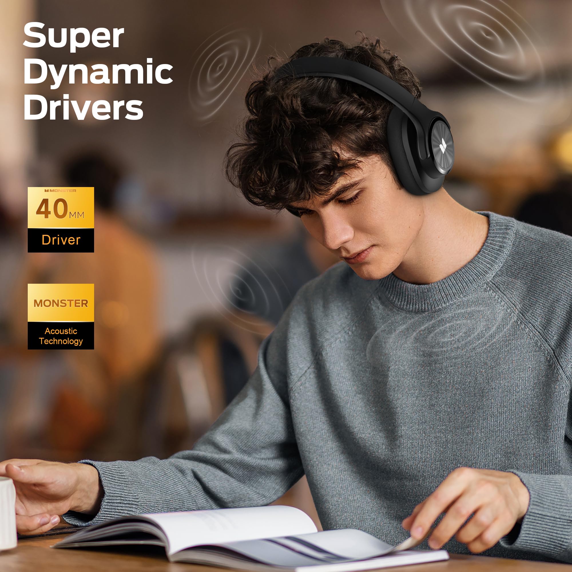 Monster Mission 200 Bluetooth Headphones - Wireless Over-Ear Headphones with 3 EQ Modes, HiFi Stereo Sound, Deep Bass, 70H Playtime, Low Latency, Foldable & Lightweight Design for Home, Office, Gaming, Travel, and Phone Calls