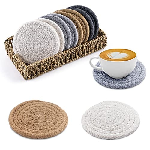 Handmade Woven Drink Coasters Set of 8 - Absorbent Seagrass Coasters with Basket Holder, Heat Resistant Table Protectors for Coffee, Wine & Mugs - Boho Home Decor for Kitchen, Dining Room & Office