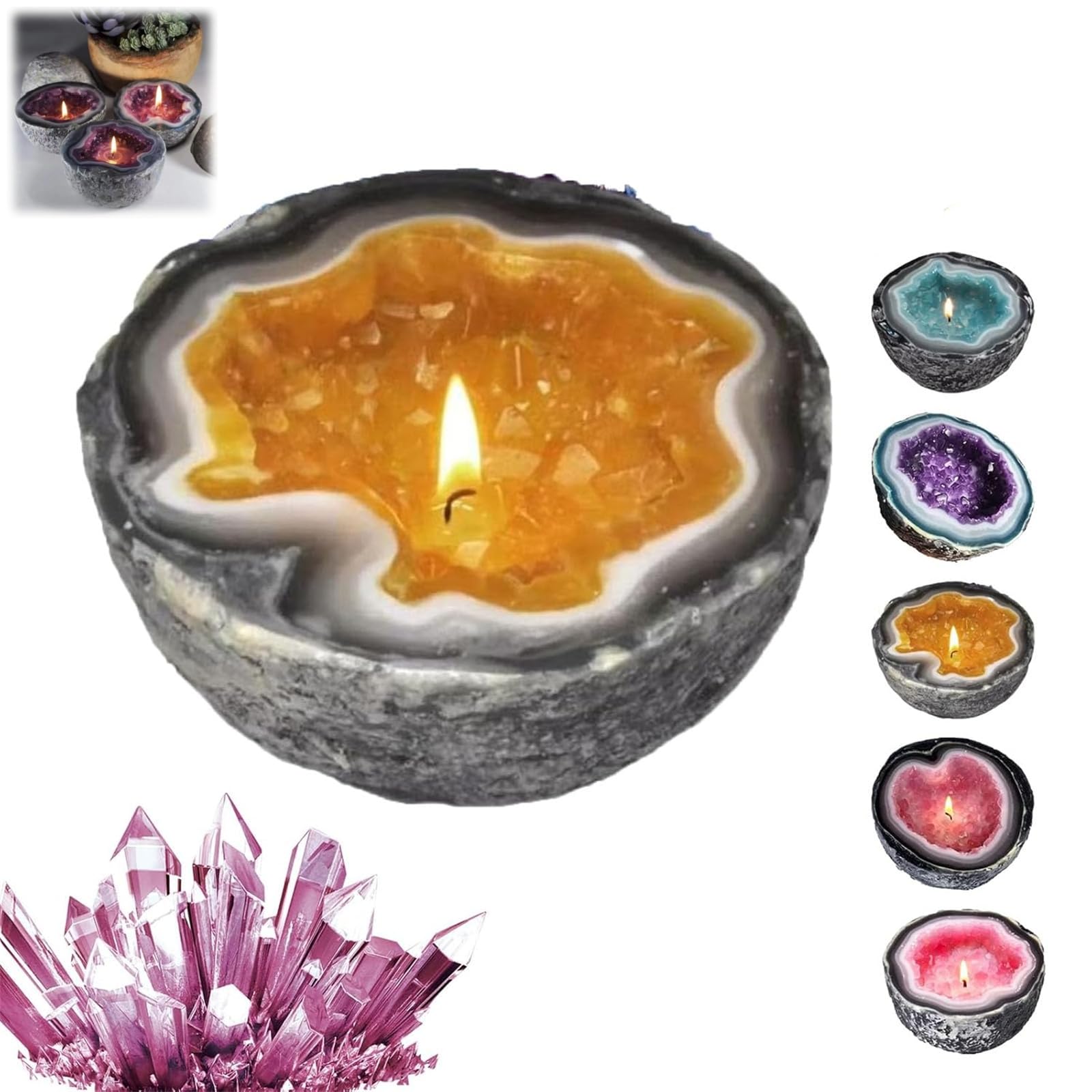 Natural Yellow Crystal Geode Candle Holder - Unique Home Decor for Living Room, Bedroom & Office - Aromatherapy Gift Idea for Women & Men