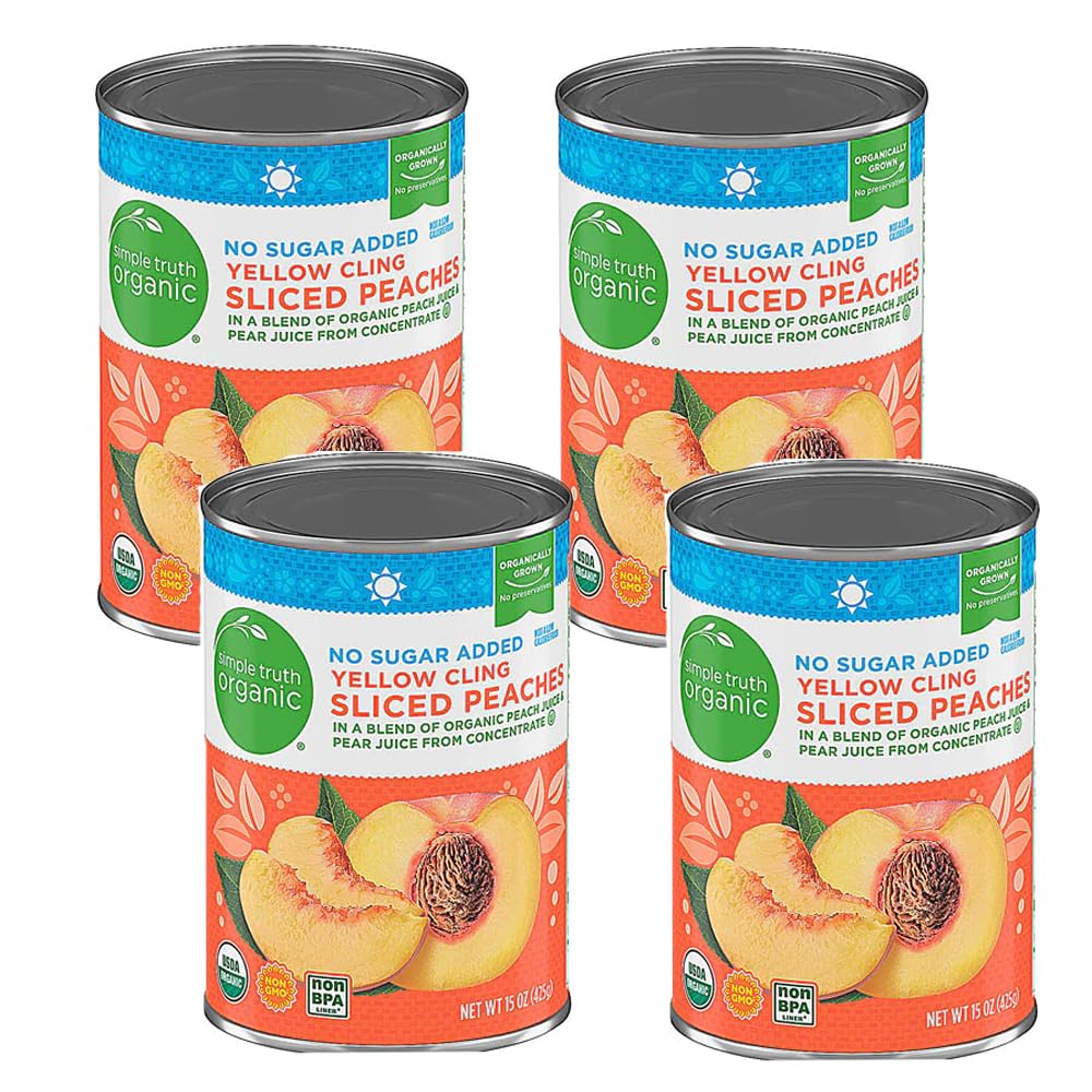 Organic Yellow Cling Sliced Peaches No Sugar Added - 15oz Can (Pack of 4) | Simple Truth Brand | Healthy Snack, Smoothie Ingredient & Dessert Topping