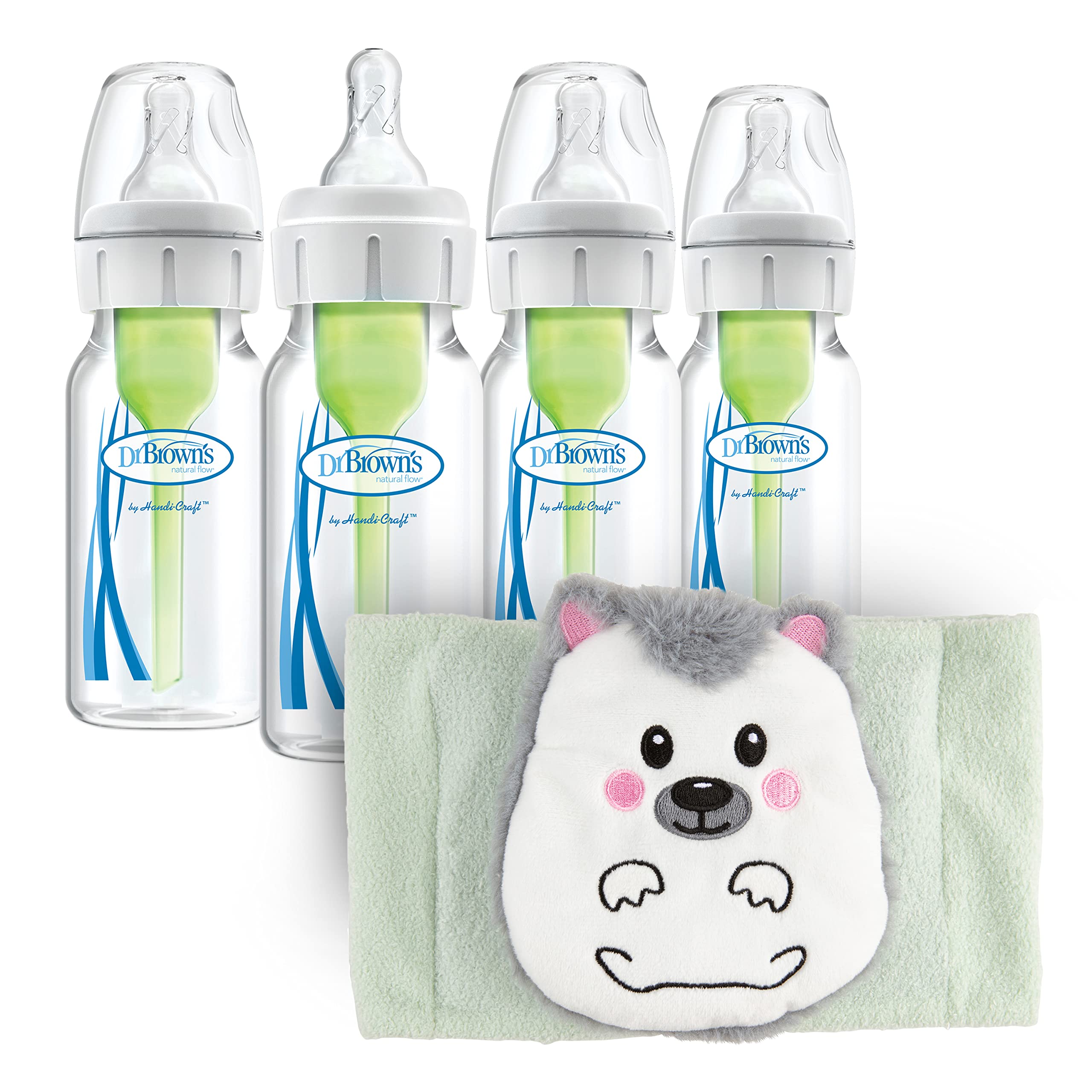 Dr. Brown's Anti-Colic Options+ Narrow Baby Bottles 4oz 4-Pack with Infant Gripebelt - Natural Gas & Upset Stomach Relief for Newborns & Toddlers 0-3 Months (Hedgehog Design) - Perfect for Feeding & Soothing Colicky Babies at Home or On-the-Go