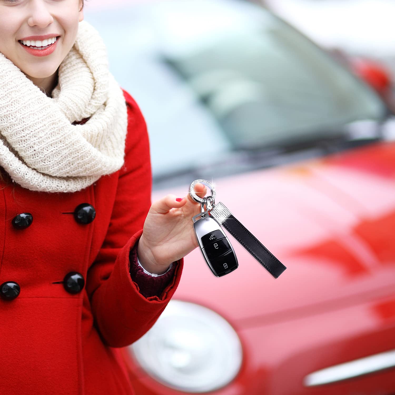 Premium Bling Leather Car Keychain for Women - Universal Genuine Leather Key FOB with Anti-Lost D-Ring & 2 Keyrings (Black) | Perfect Gift for Car Owners, Great for Key Organization & Style Enhancement
