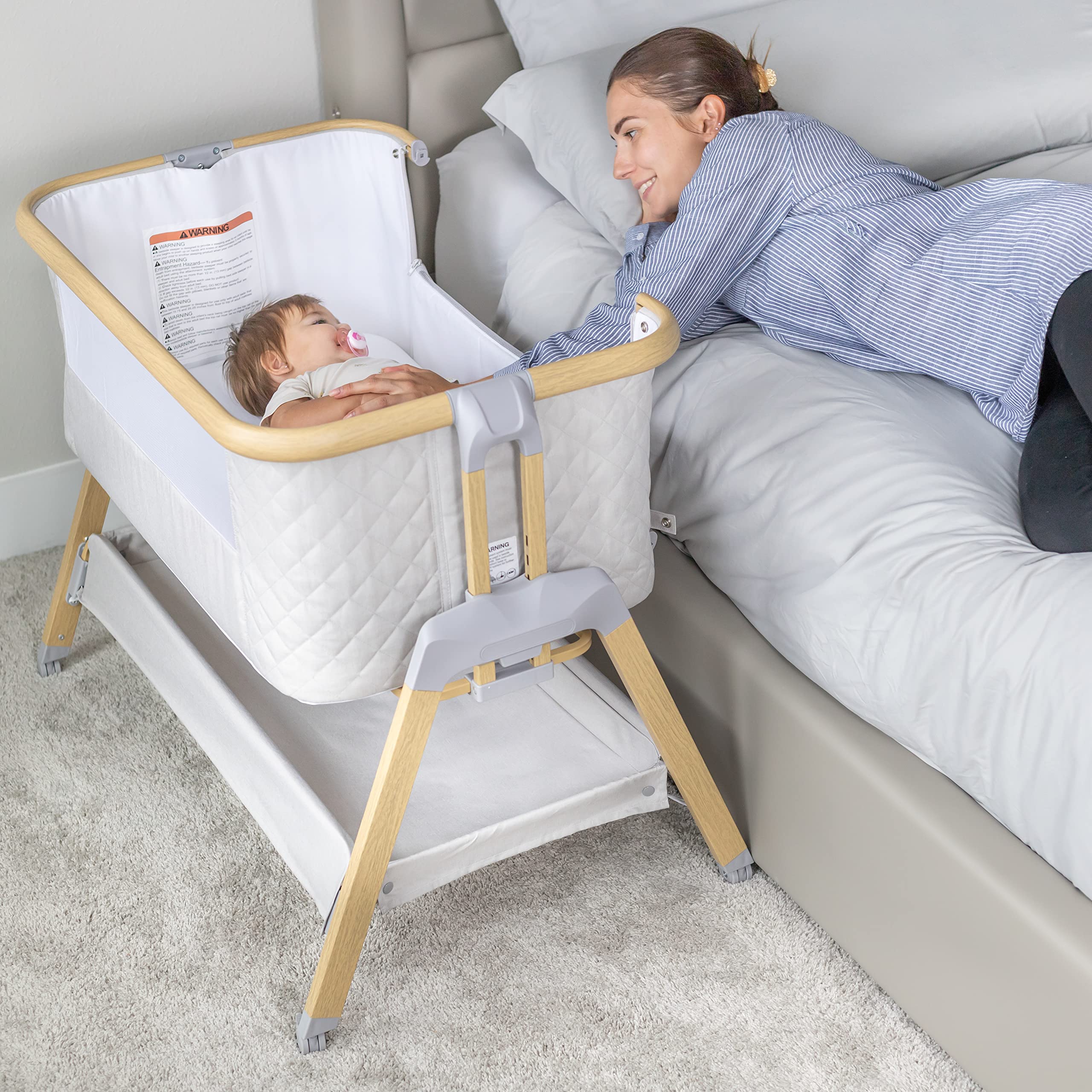 3 in 1 Baby Bassinet with Wheels - Portable Adjustable Bedside Sleeper for Newborns & Infants, 7 Height Settings with Foam Mattress & Storage Basket, Includes Carry Bag - Perfect for Nursery, Bedroom & Travel