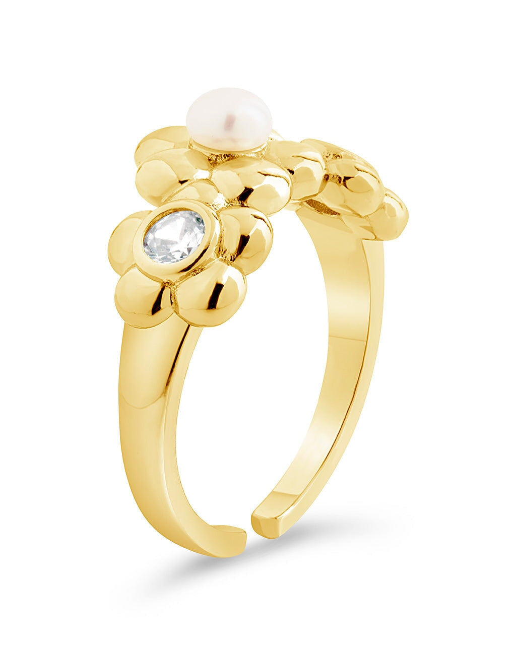 June CZ & Pearl Blossom Open Band Ring - Elegant Adjustable Flower Ring for Women, Perfect for Weddings, Parties & Everyday Wear