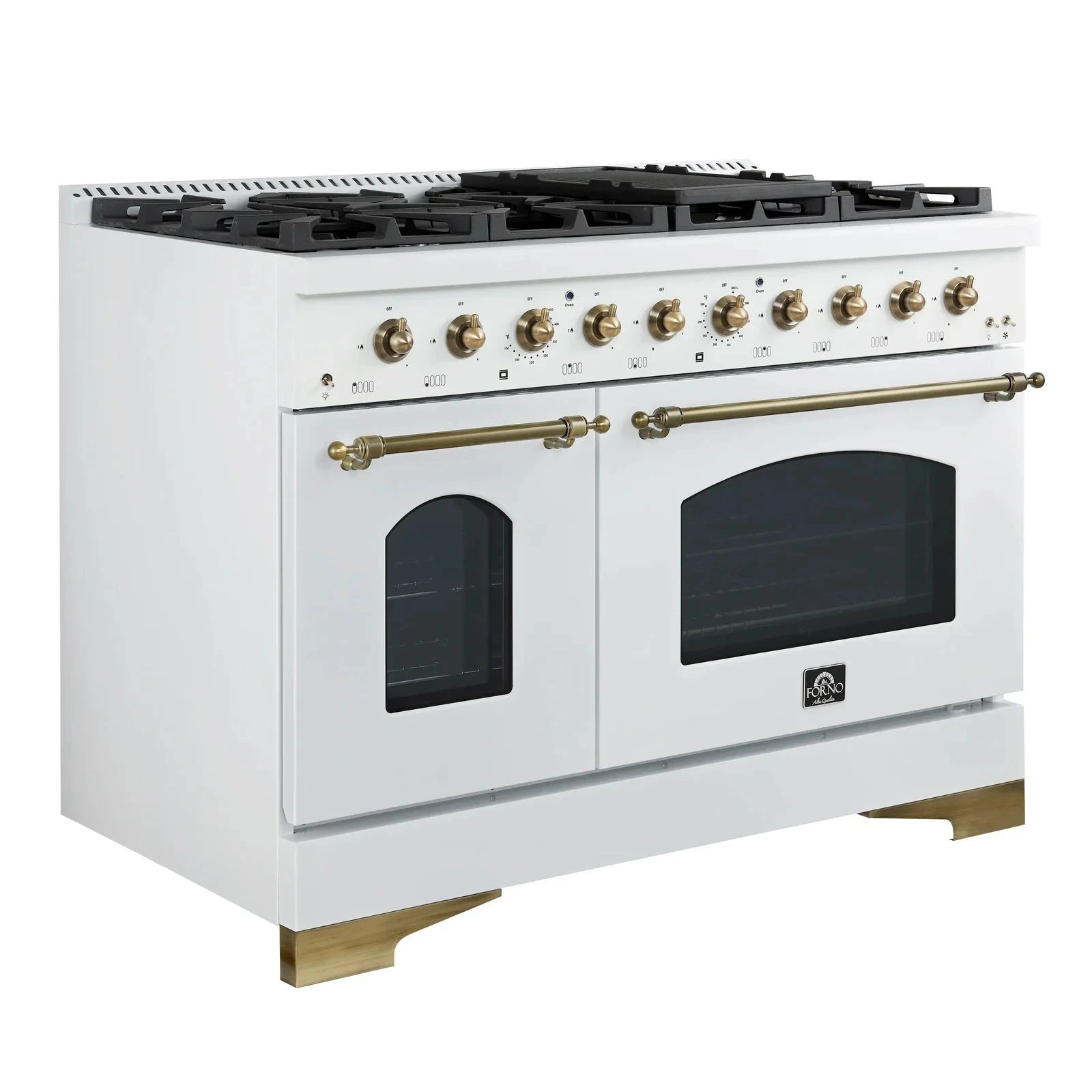 Forno Antico 48-Inch Gas Range with 8 Burner Cooktop & Convection Oven - White Finish with Antique Brass Trim (Model FFSGS6219 48WHT) | Professional Kitchen Appliance for Home Chefs & Restaurants