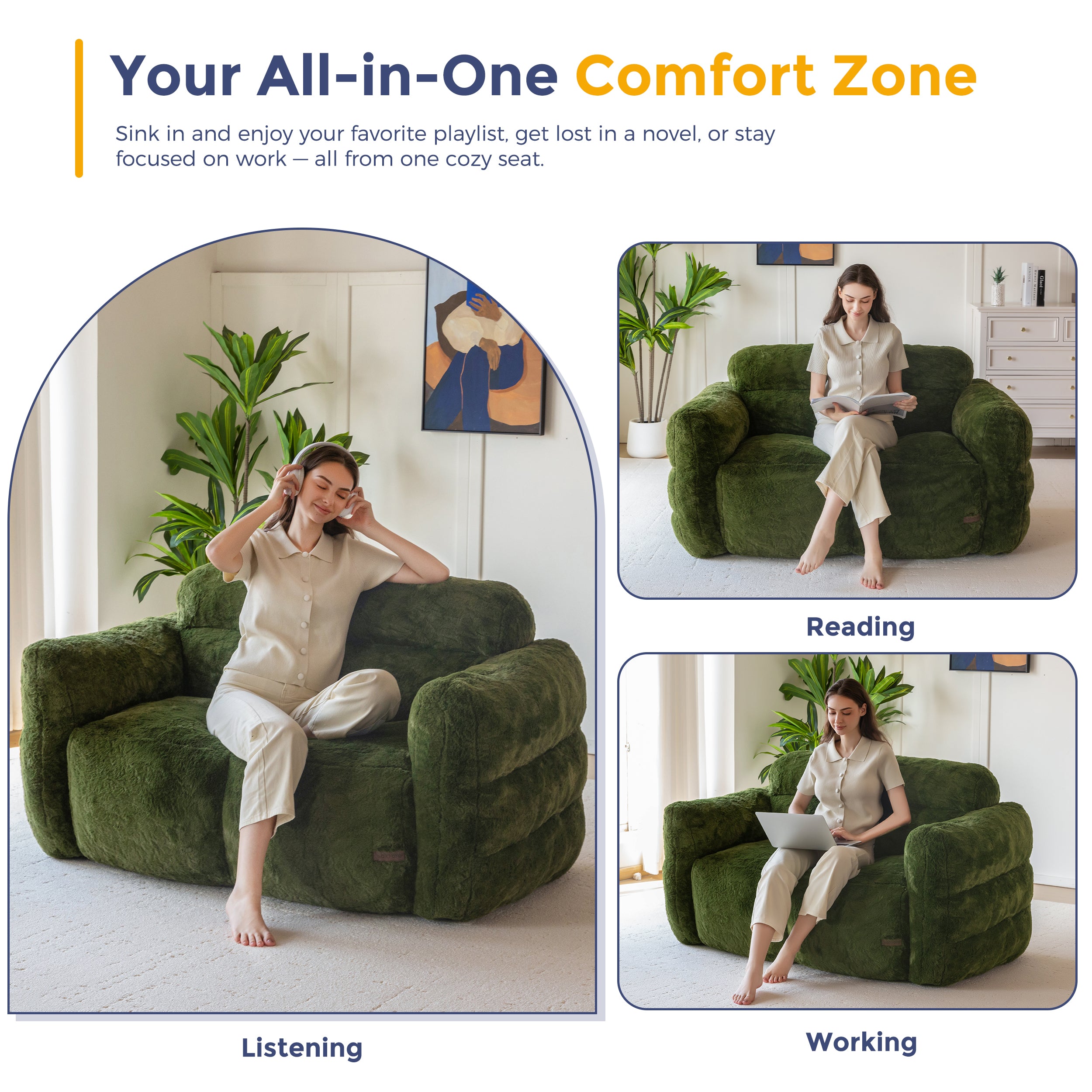 MAXYOYO Giant Bean Bag Chair for Adults - Ultra Soft Fluffy Oversized Floor Sofa for Living Room & Bedroom - Cozy Reading Chair with Filler (Green) - Perfect for Relaxing, Gaming & Movie Nights