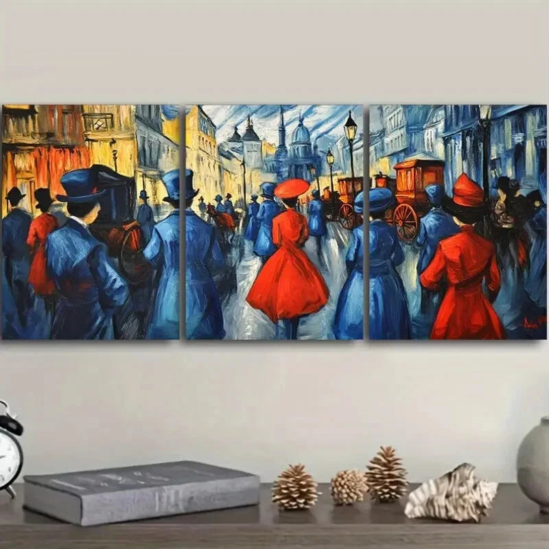 3-Piece Vibrant Market Scene Metal Wall Art - Red & Blue People Painting - Ready to Hang Canvas Print for Living Room, Bedroom & Office Decor
