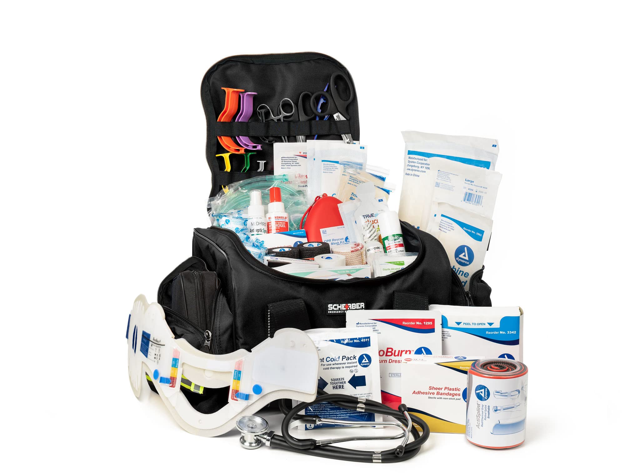 Scherber First Responder EMT Trauma Kit - Large Professional EMS Bag with 250+ First Aid Supplies, 8 Zippered Pockets, Reflective Design & Shoulder Strap | Fully-Stocked Emergency Medical Kit for EMTs, Paramedics, First Responders & Outdoor Adventures
