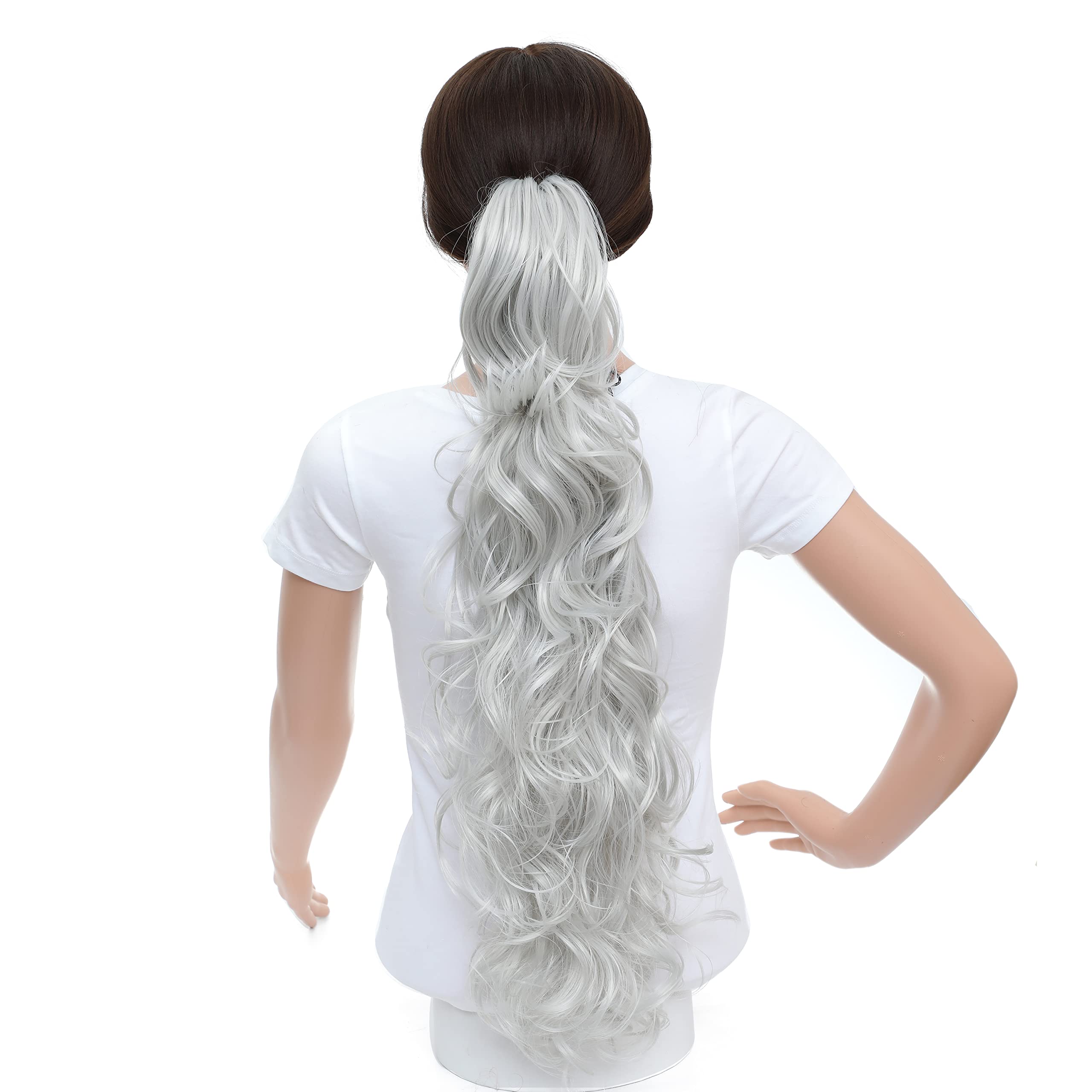 SWACC 24-Inch Long Messy Curly Clip-In Ponytail Hair Extensions - Synthetic Drawstring Jaw Clip Hairpiece in Silver Gray | Perfect for Everyday Wear, Parties & Special Occasions