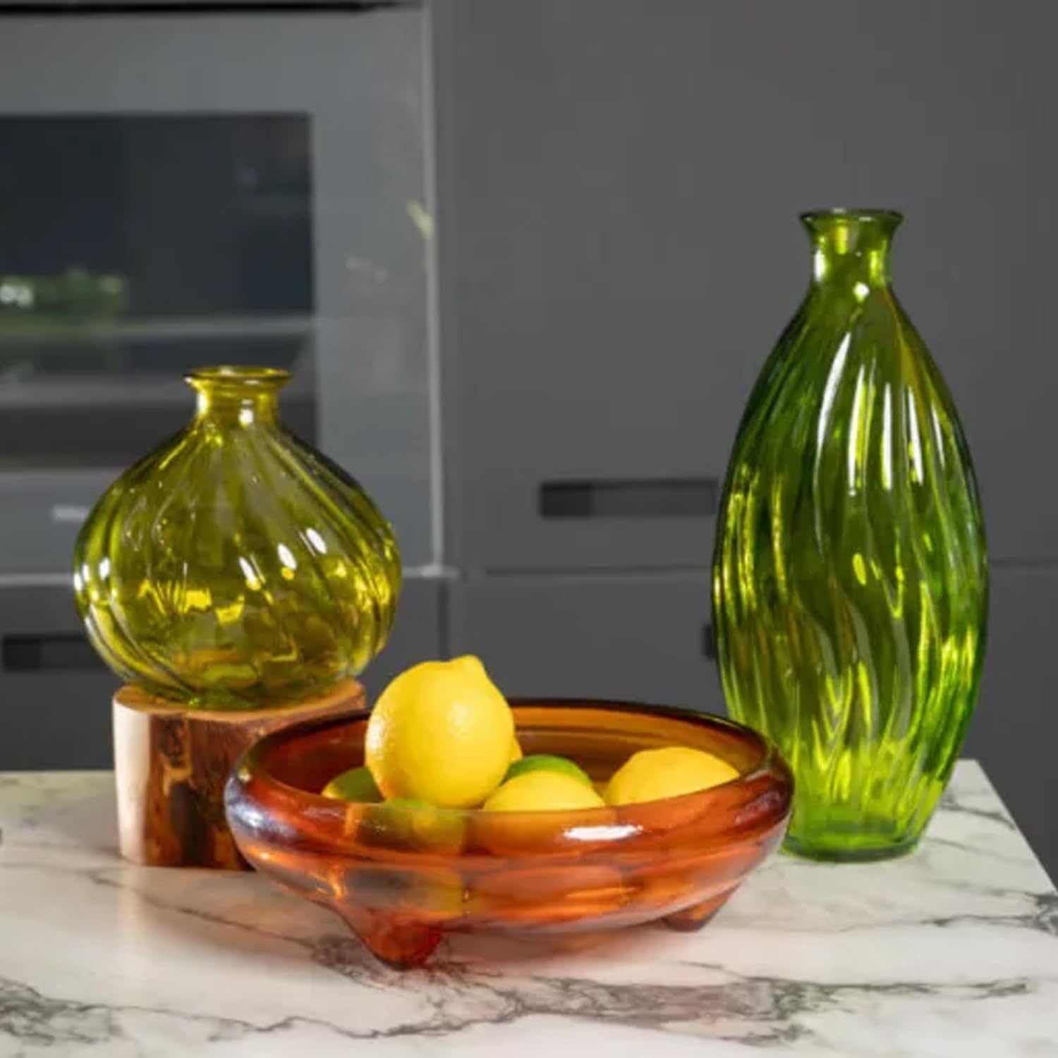 Verano Spanish Ceramic Recycled Glass Ola Footed Bowls - Set of 3 Decorative Serving Bowls for Dining Room, Kitchen & Living Room - Lime Green - Perfect for Fruit Display, Flower Arrangements & Home Décor