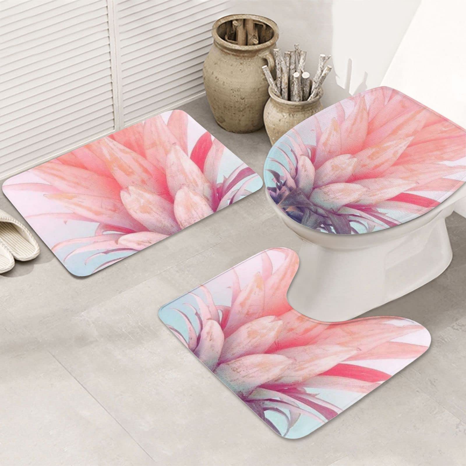 Non-Slip Pineapple Bathroom Rugs Set - 3 Piece Contour Mat with Toilet Seat Cover for Bathroom, Tub & Shower - Soft & Absorbent Floor Mats for Home Decor & Safety