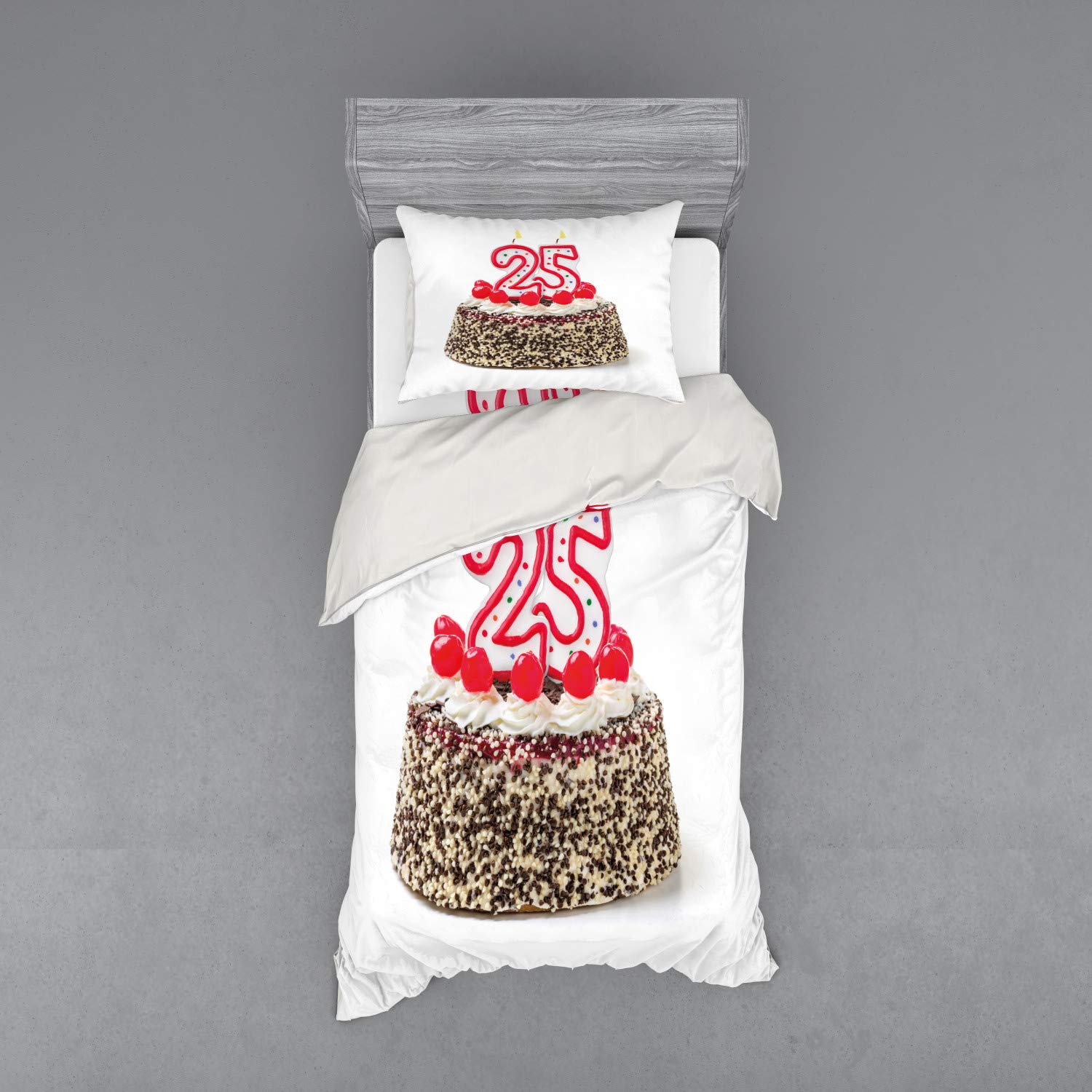 Ambesonne 25th Birthday Bedding Set - 3 Piece Duvet Cover with Sham & Fitted Sheet, Twin XL Size - Chocolate Cherry Cake with Number 25 Candles Design in Red, Cream & Brown - Perfect for Birthday Parties & Gift Giving