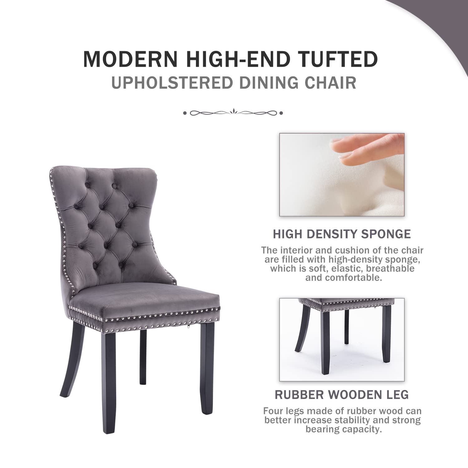 Kiztir 6-Piece Velvet Upholstered Dining Chairs Set with Ring Pull Trim & Button Back - Tufted Luxury Chairs for Dining Room, Living Room, Bedroom or Kitchen - Perfect for Home Decor & Entertaining (Grey)