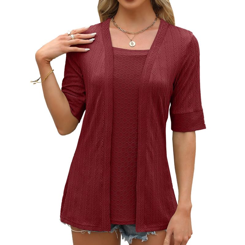 Women's Casual Short Sleeve Tunic Top - Square Neck Pullover Blouse with Layered Two-Piece Look, Elegant Cardigan Style for Office Wear & Summer Outfits | Perfect for Work, Date Nights and Weekend Brunch