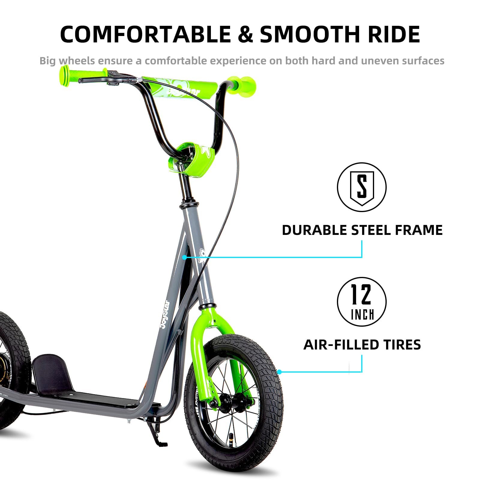 JOYSTAR 12 Inch Kick Scooter for Kids Ages 5-9 - Adjustable Handlebar & Rear Brake, Big Wheels for Smooth Ride - Perfect for Boys, Girls, Teens & Adults - Ideal for Commuting, Park Fun & Neighborhood Adventures