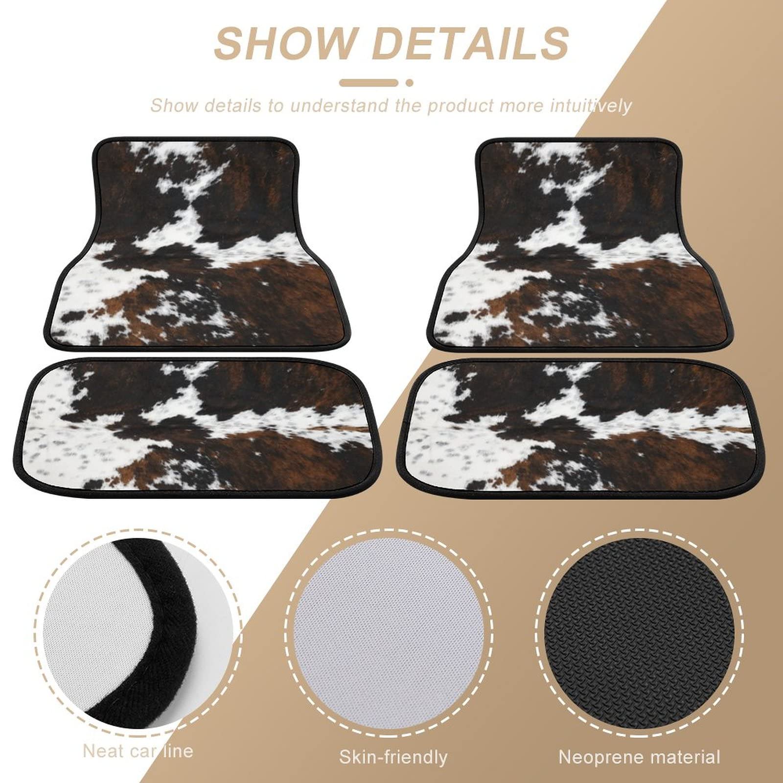 Premium 4-Piece Cowhide Print Car Floor Mats - Universal Fit for SUV, Sedan, Truck & Van | All-Weather Protection & Durable Cow Skin Pattern Design | Perfect for Daily Commute, Road Trips & Off-Road Adventures