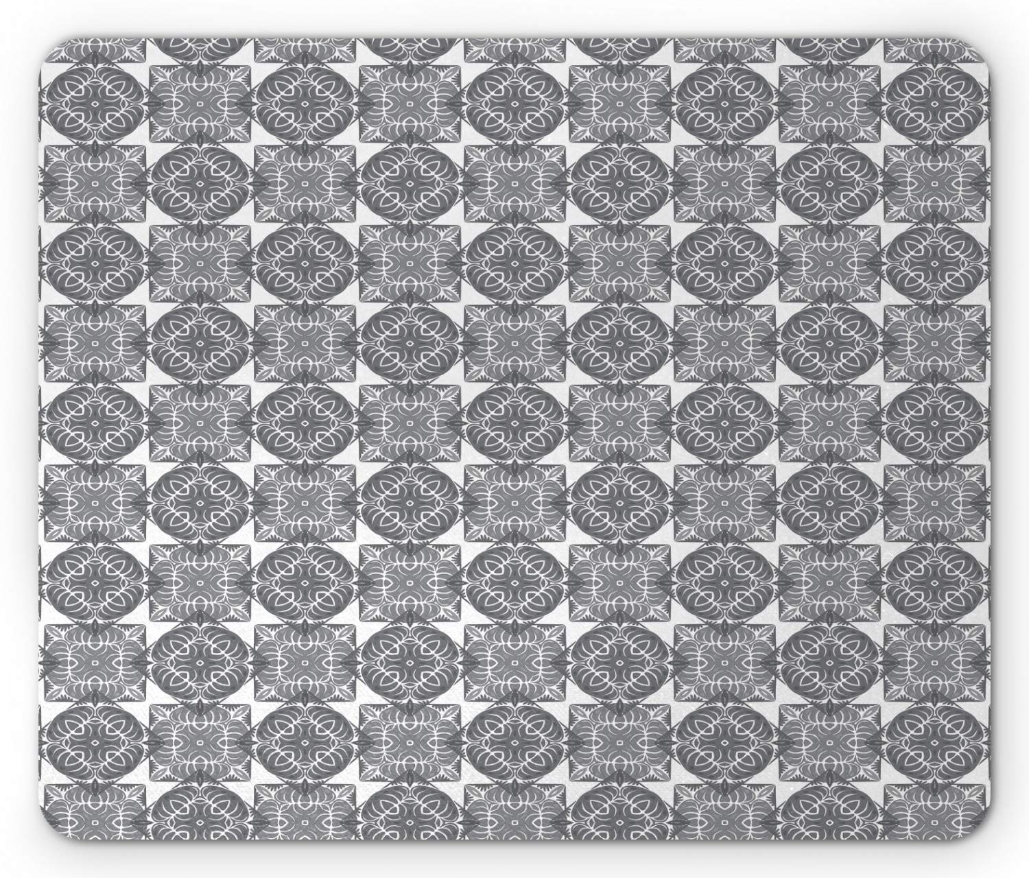 Ambesonne Abstract Mouse Pad with Geometric Portuguese Tile Pattern - Non-Slip Rubber Base, Standard Size (White & Taupe) for Office, Gaming & Home Computer Use
