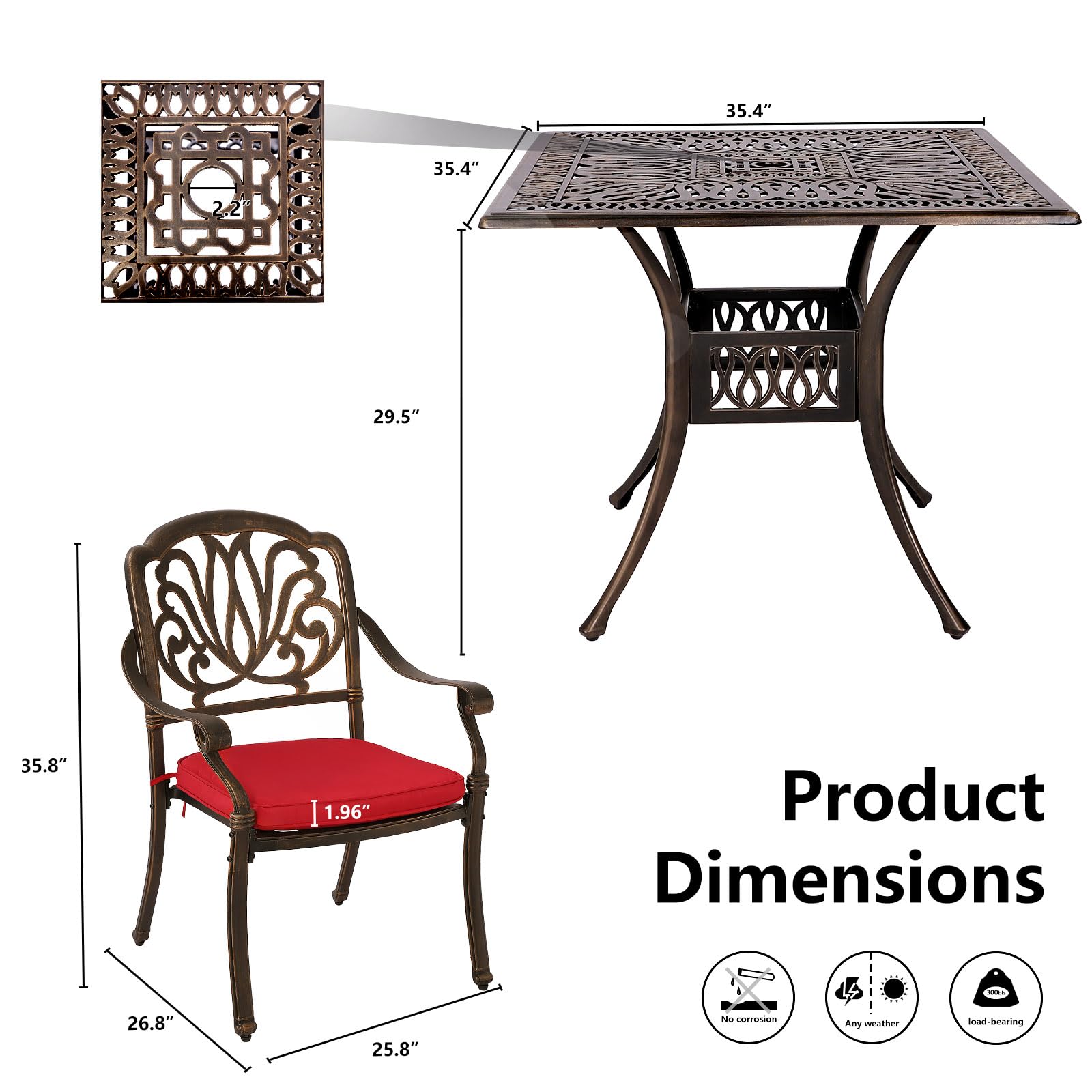 Grepatio 5-Piece Cast Aluminum Outdoor Dining Set - 4 Chairs with Cushions & 35.4