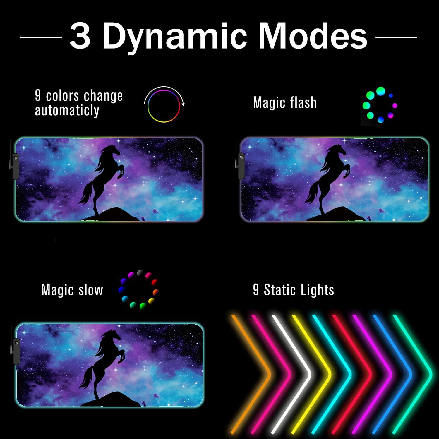 RGB Gaming Mouse Pad with LED Glow - XXL Blue Galaxy Nebula Horse Design (31.5