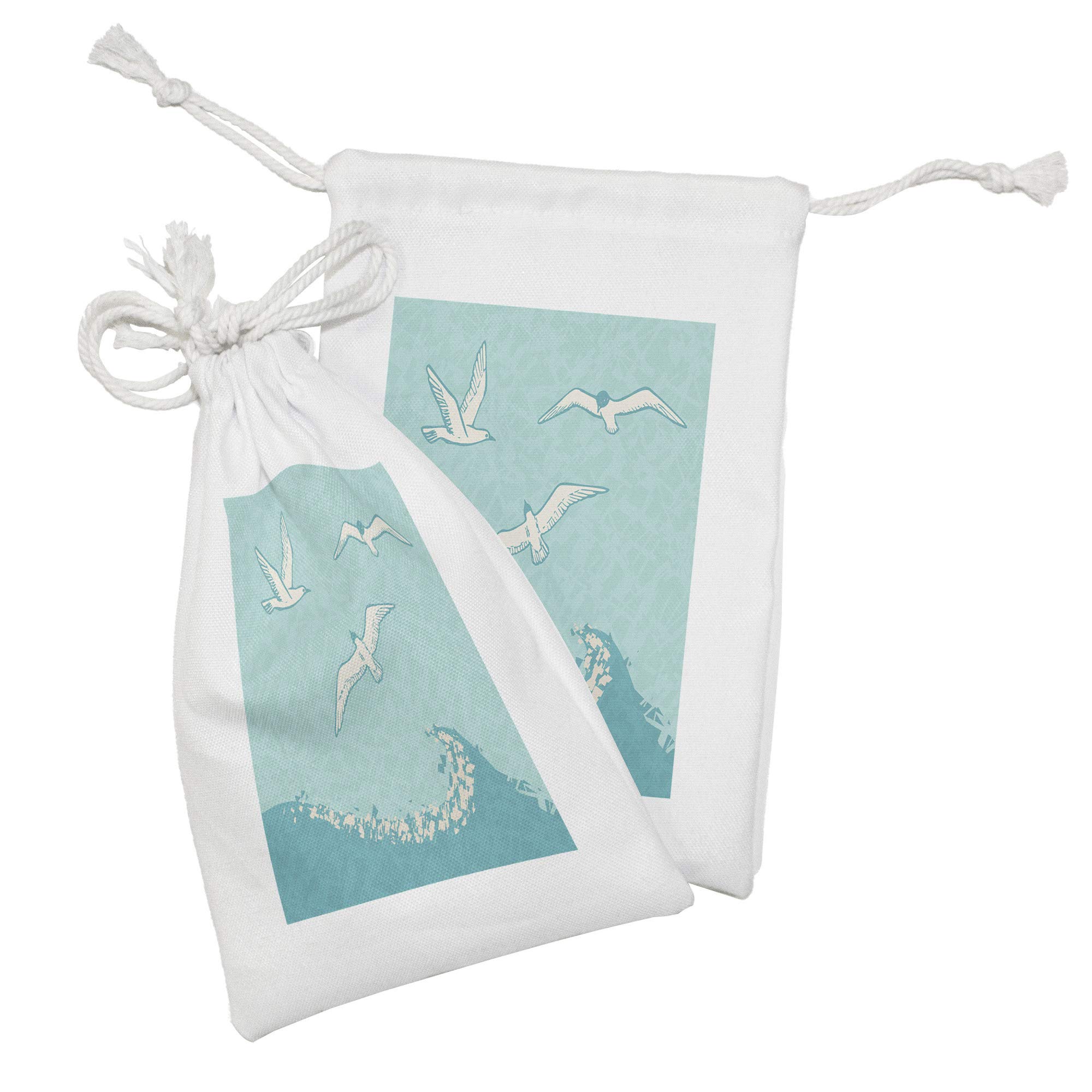 Ambesonne Abstract Fabric Pouch Set of 2 - Flying Seagulls & Grunge Sea Wave Design, Small Drawstring Bags for Toiletries, Makeup, Jewelry & Travel Essentials (9