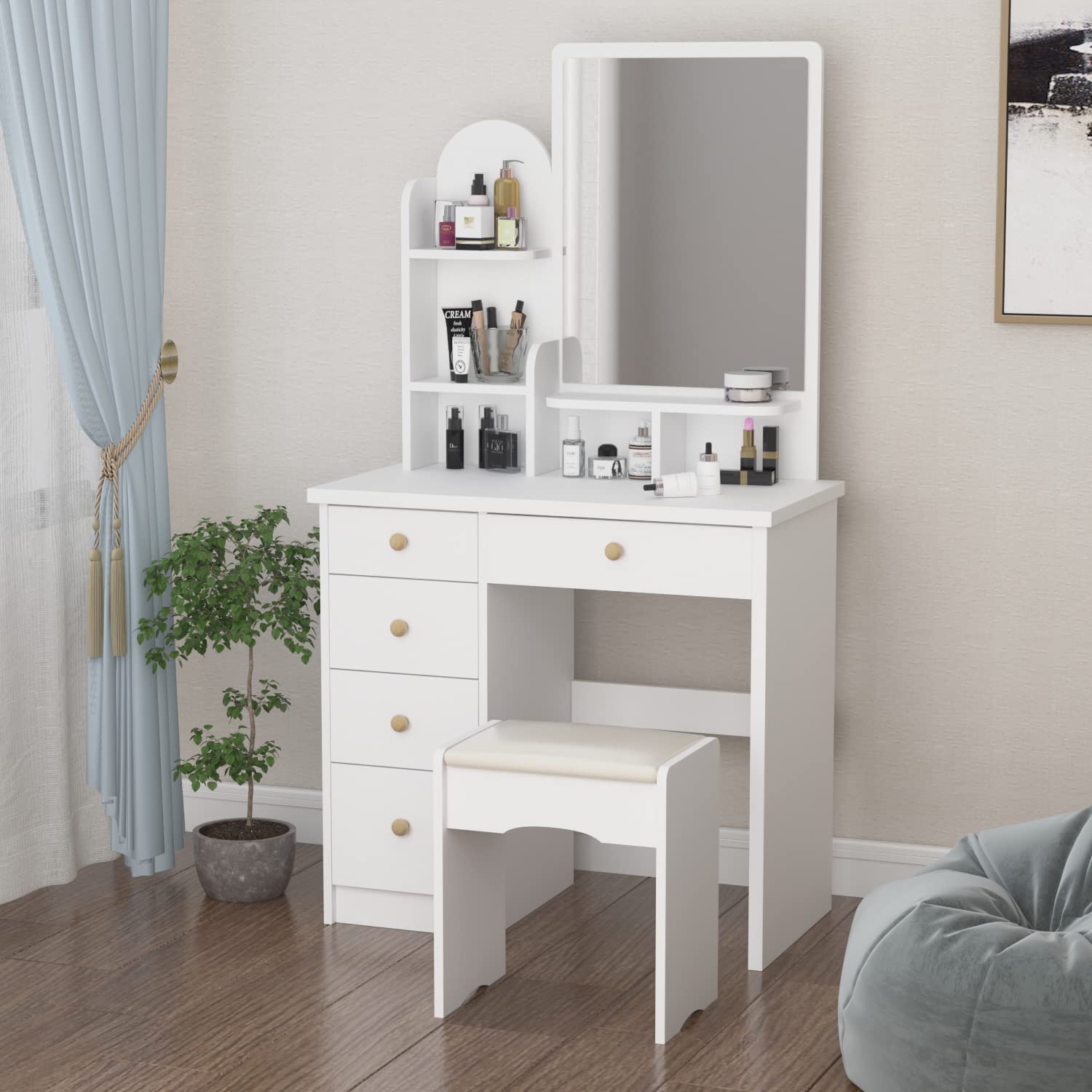 White Vanity Desk Set with Mirror & Stool - 5 Drawers for Bedroom Makeup