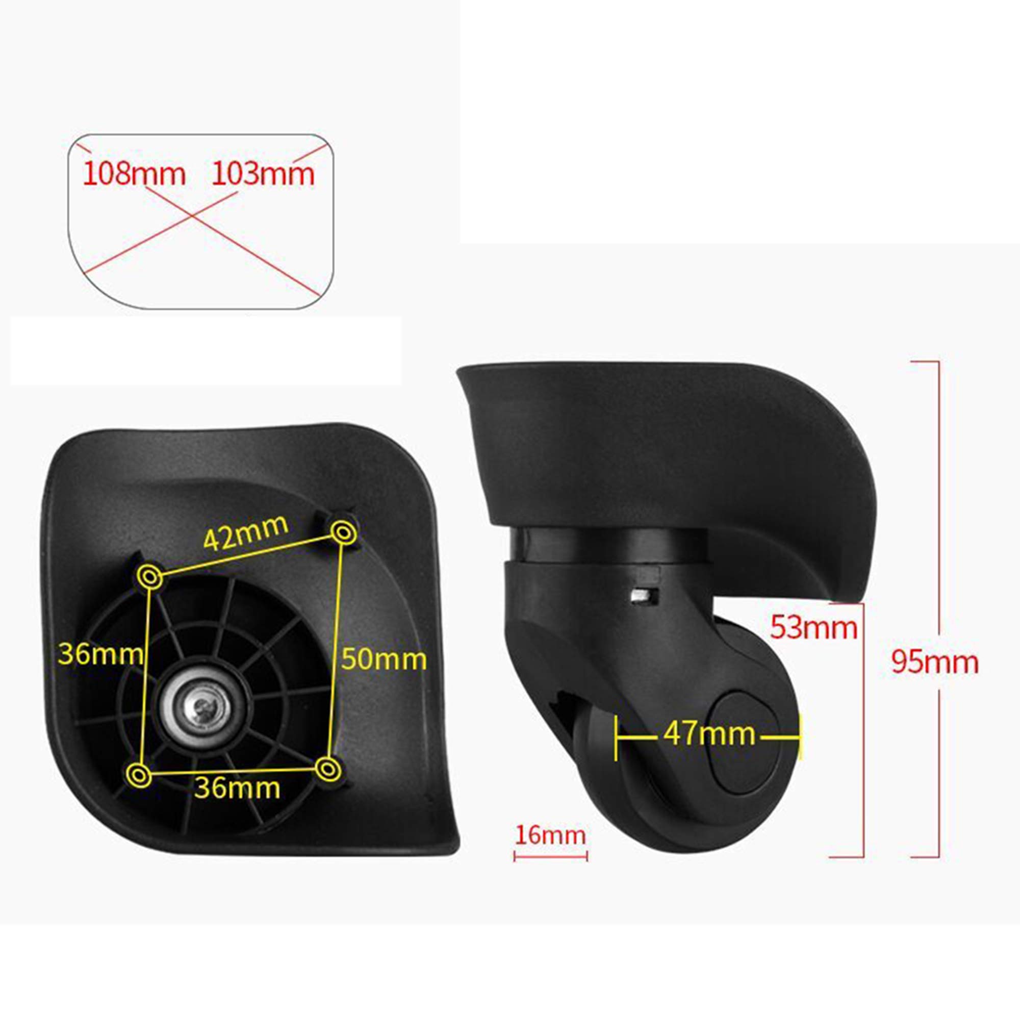 BQLZR Replacement Luggage Wheels - Black Plastic Swivel Caster Wheels for Suitcases (Left & Right, 4 Holes, 360° Rotation) - Perfect for Travel Luggage Repair and Wheel Replacement