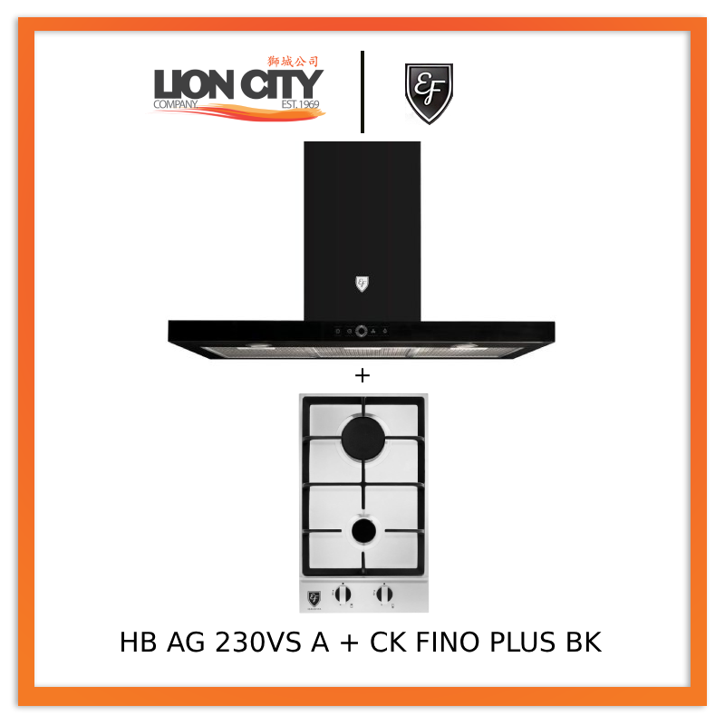 EF 90cm Chimney Range Hood CK FINO PLUS BK & EF HB AG 230VS A 30cm Built-in Stainless Steel Gas Cooktop - Modern Kitchen Ventilation for Home Cooking & Professional Chefs