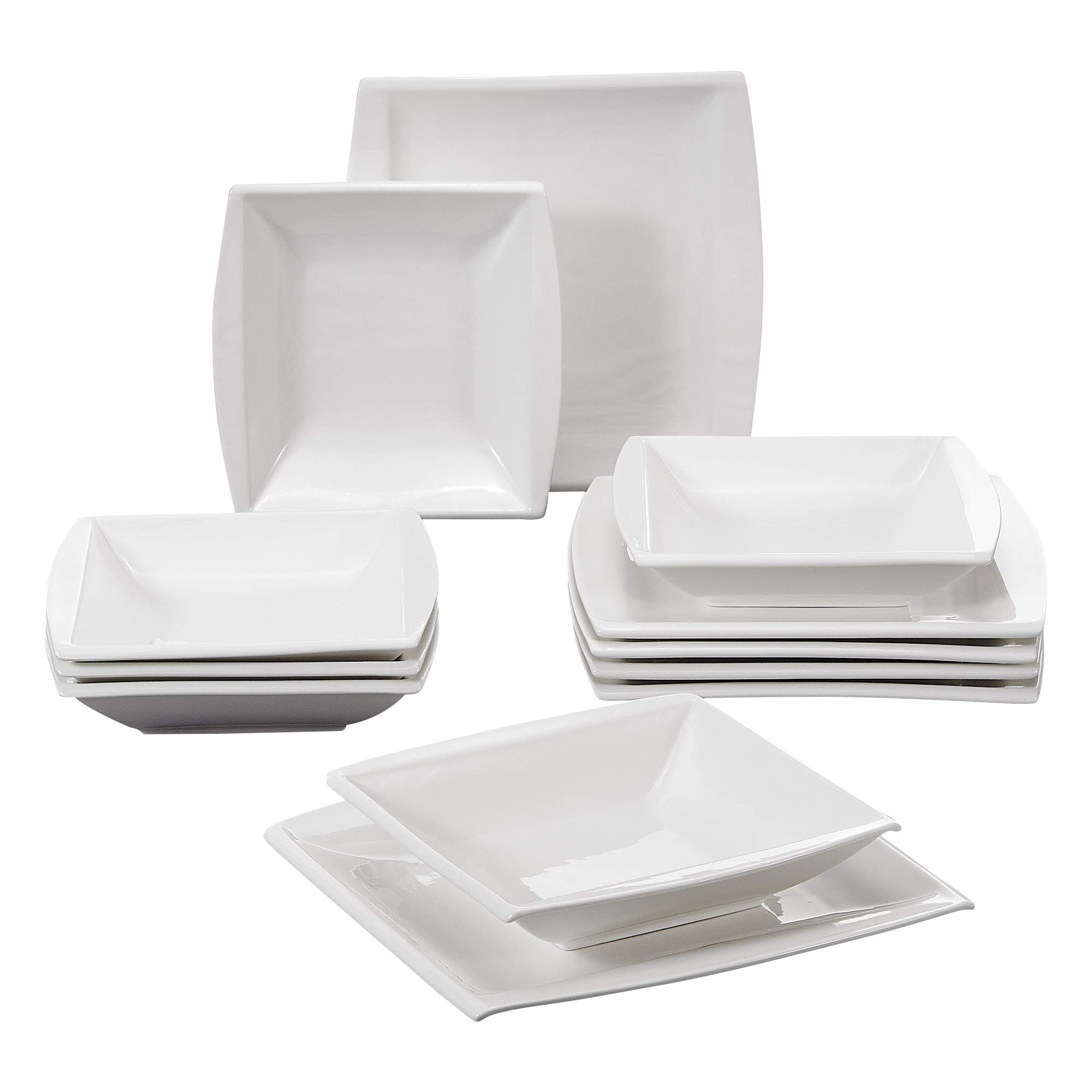 MALACASA 12-Piece Square Ivory White Porcelain Dinnerware Set - Dinner Plates, Soup Bowls, Salad Pasta Dishes for 6 People - Elegant Formal Dining, Wedding Registry, Holiday Entertaining & Everyday Family Meals