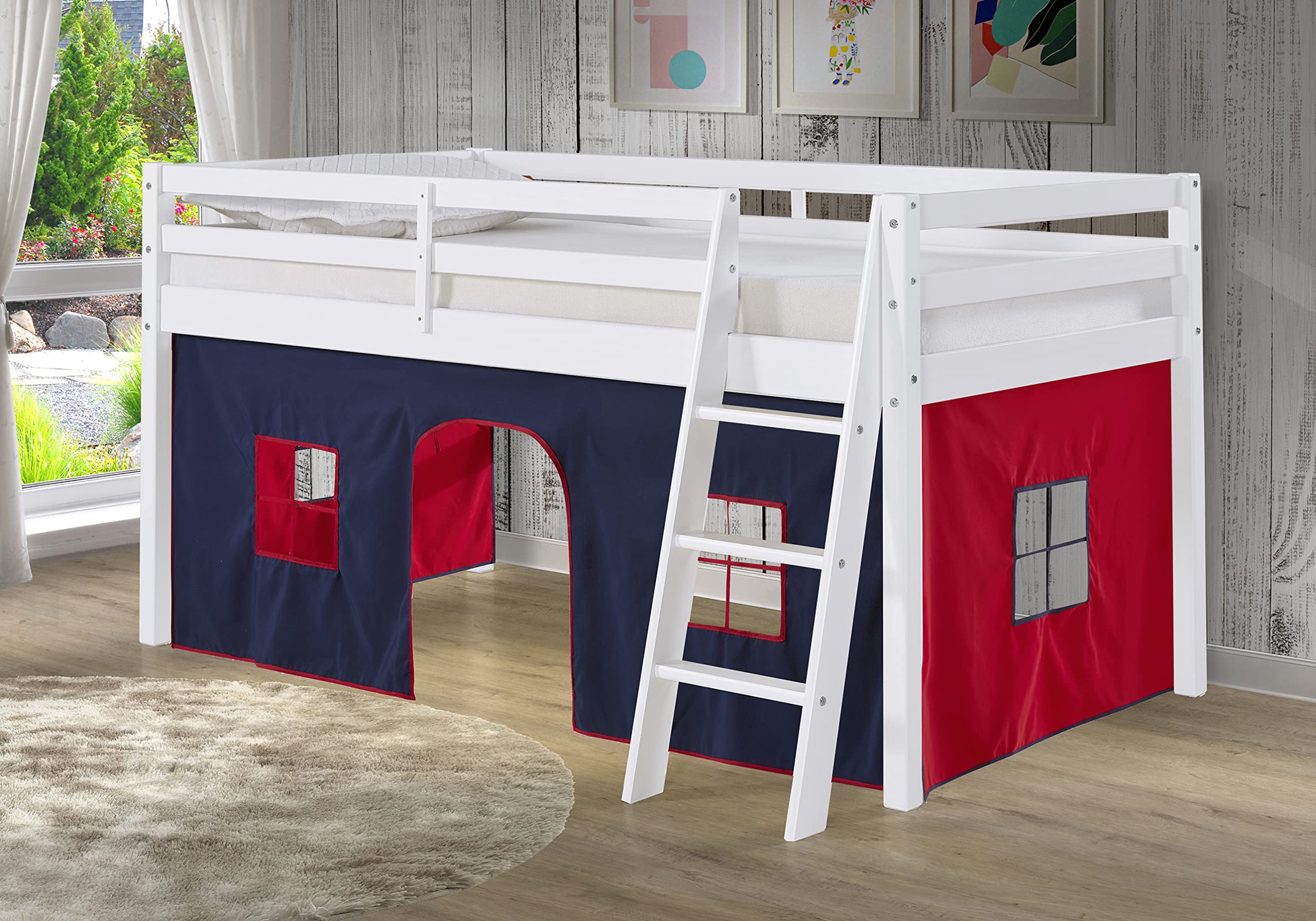 Roxy Twin Wood Junior Loft Bed for Kids with Removable Blue/Red Tent - Sturdy & Safe Bunk Bed with 175 lbs Weight Capacity | Space-Saving Kids Bedroom Furniture for Small Rooms, Sleepovers & Play Areas