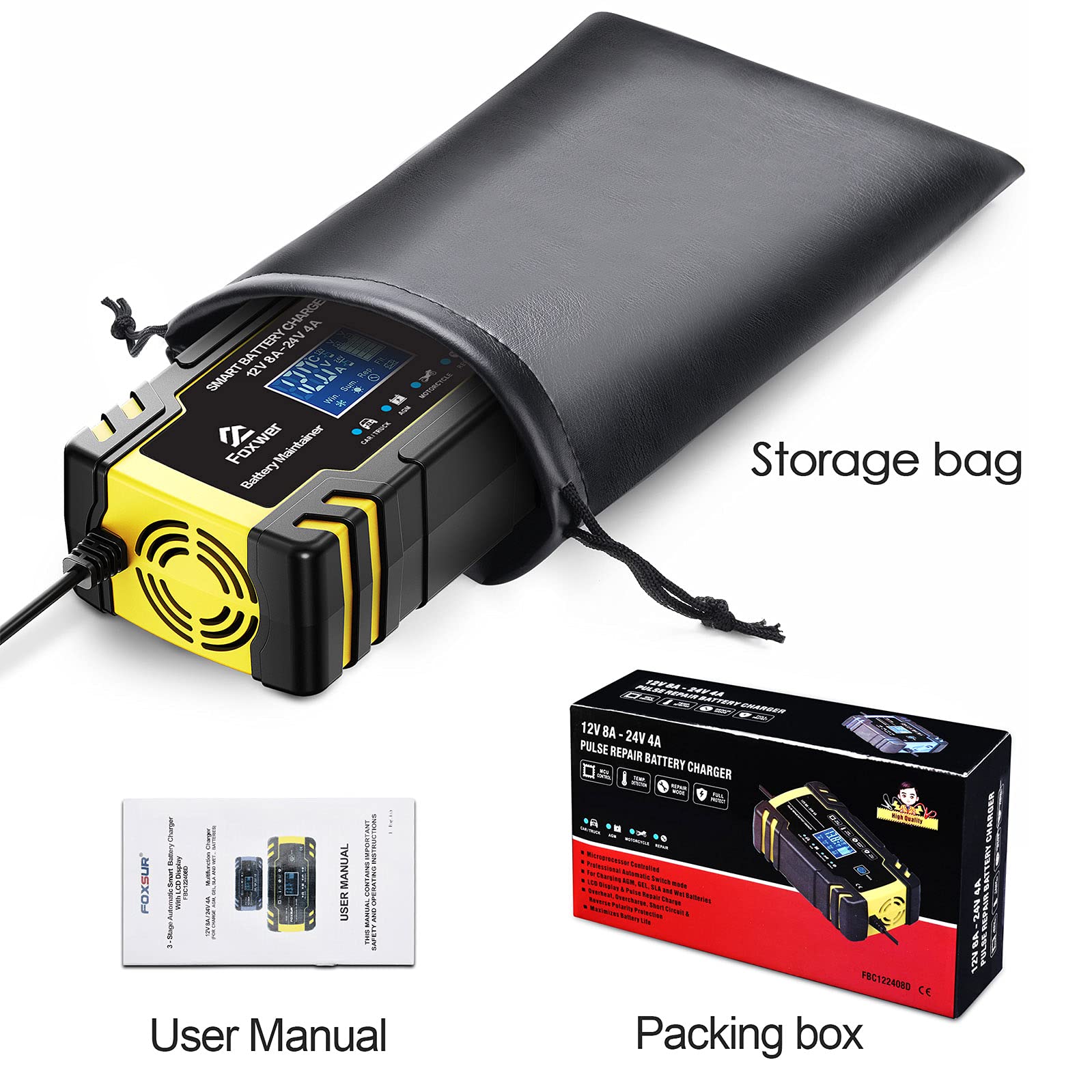 12V8A 24V4A Smart Battery Charger Maintainer - Intelligent Trickle Charger with Temperature Compensation & Desulfator for Car, Motorcycle, Boat, RV - Perfect for Winter Storage & Long-Term Maintenance