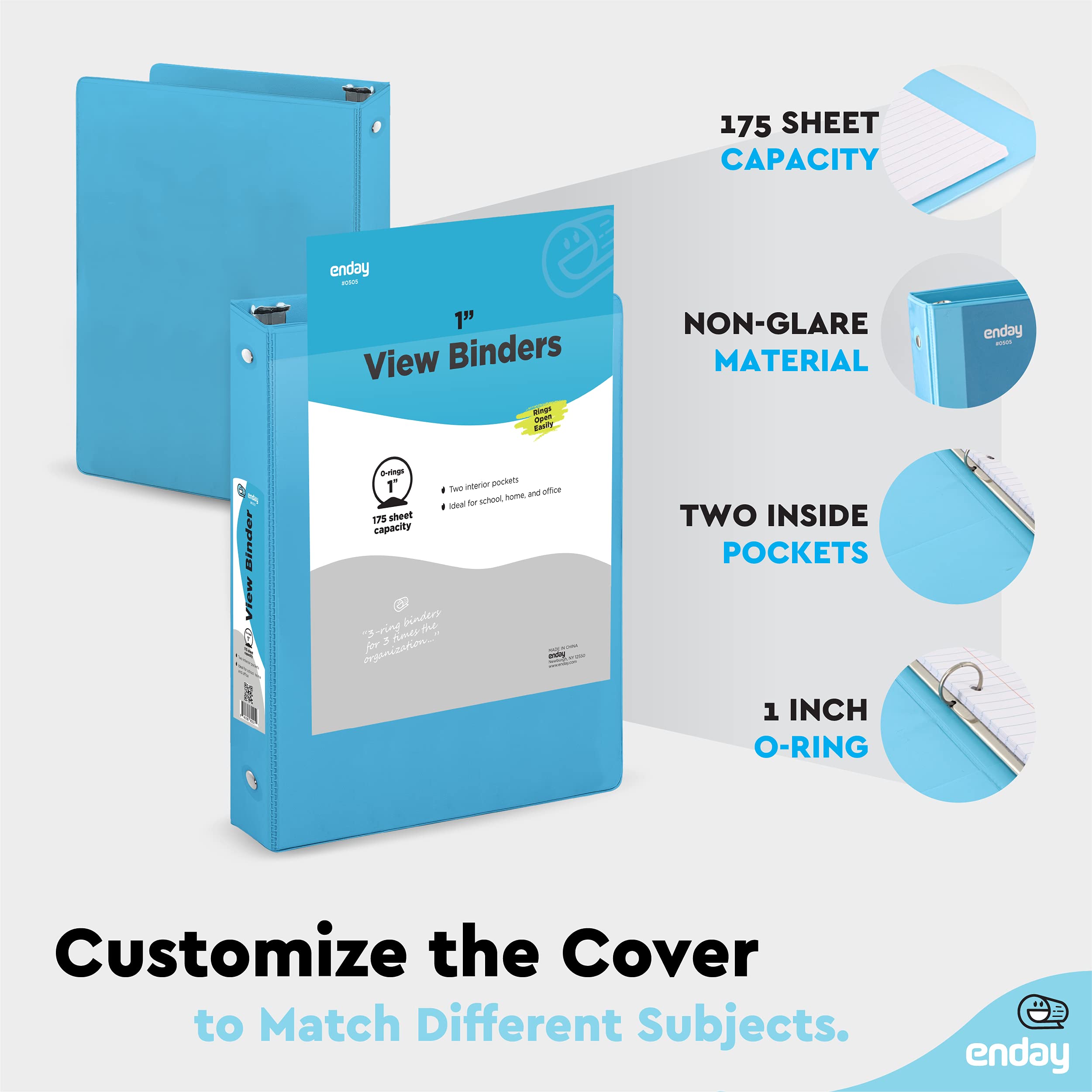 1 Inch 3 Ring Binder with Clear View Cover - 2 Inside Pockets, Blue School & Office Binder for Organizing Papers, Homework, and Documents - Perfect for Students, Teachers, and Home Office Use - by Enday