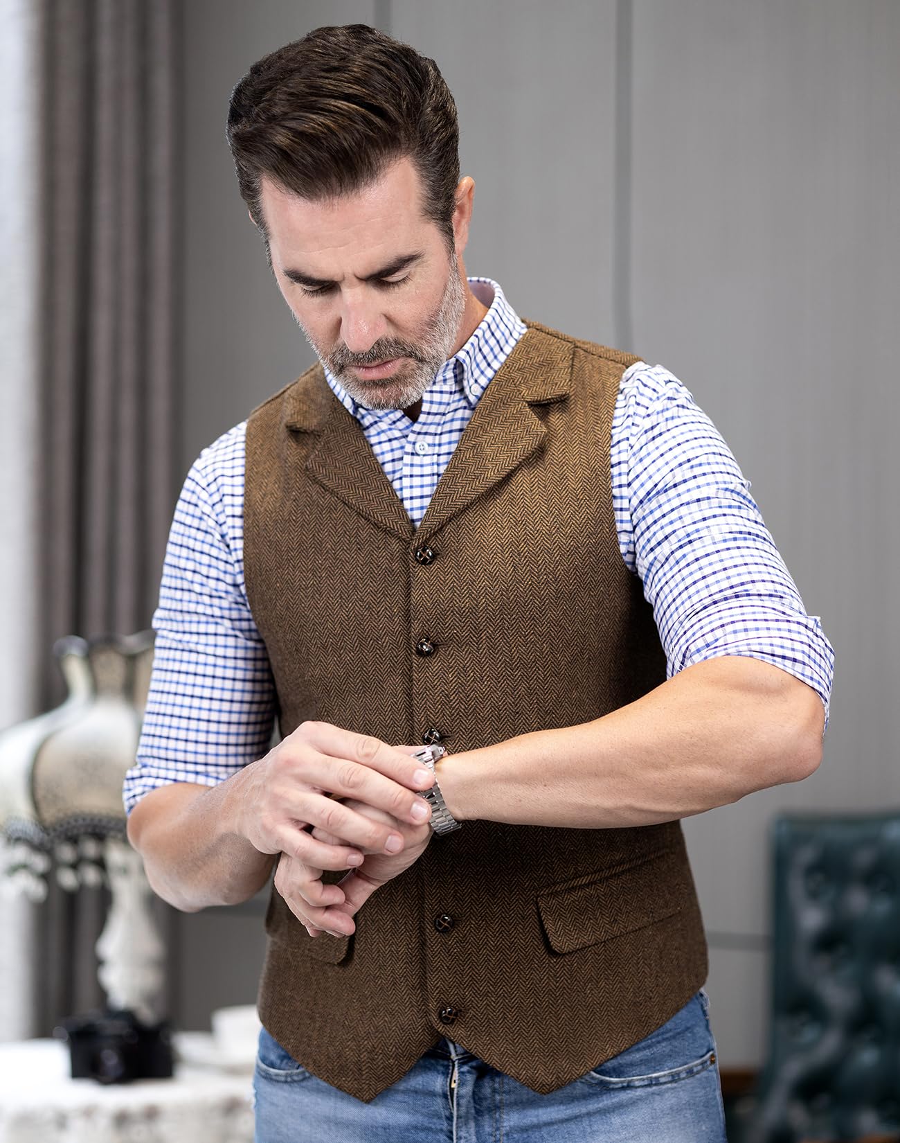 Men's Herringbone Tweed Suit Vest | Casual Wool Blend Waistcoat | Western Classic Mens Vest | Perfect for Weddings, Office & Formal Events