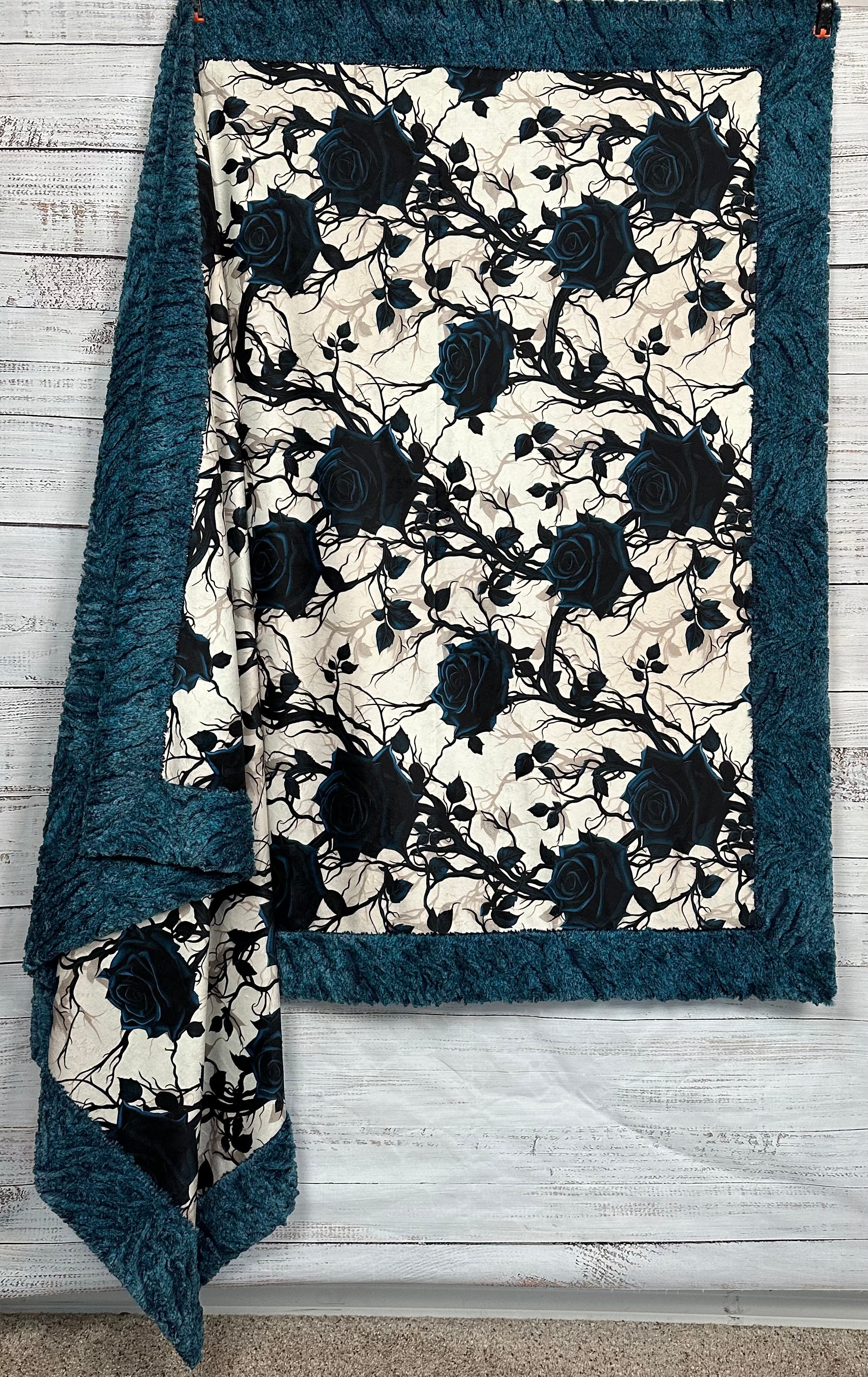 Gothic Blue Roses on Heather Zebra Print Large 54x79 Minky Blanket - Soft Plush Throw for Bedroom, Couch & Cozy Home Decor