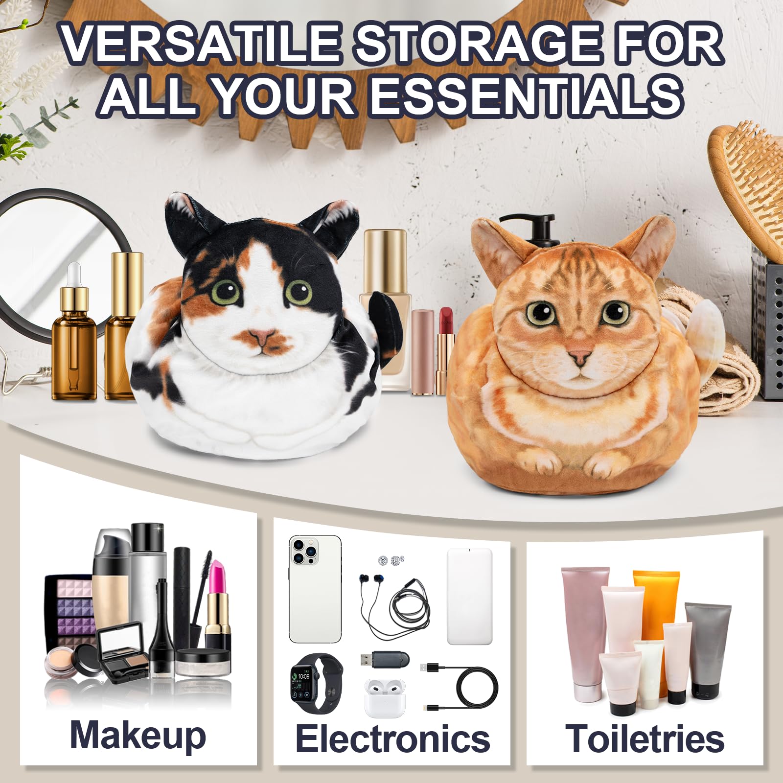 Cute Cat Drawstring Makeup Bag for Women - Large Travel Cosmetic Organizer Pouch, Purse Toiletry Bag with Orange Cat Design - Perfect for Travel, Gym, Beach & Daily Essentials Storage