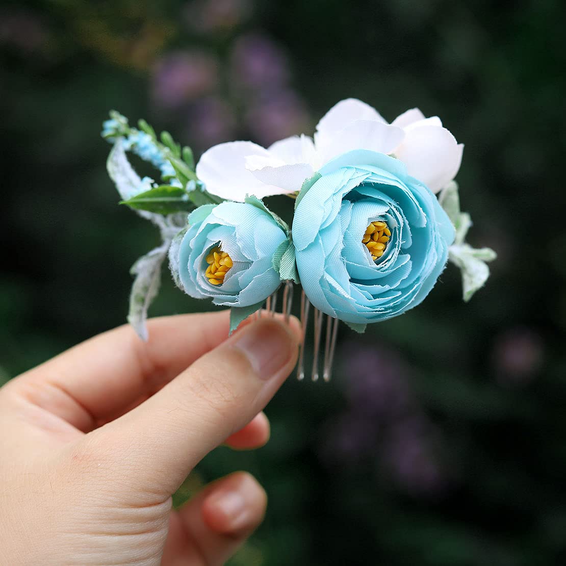 Fangsen Silver Rose Wedding Hair Comb - Bridal Floral Hair Clip for Women & Girls (Blue) | Perfect for Weddings, Prom, Parties & Special Occasions