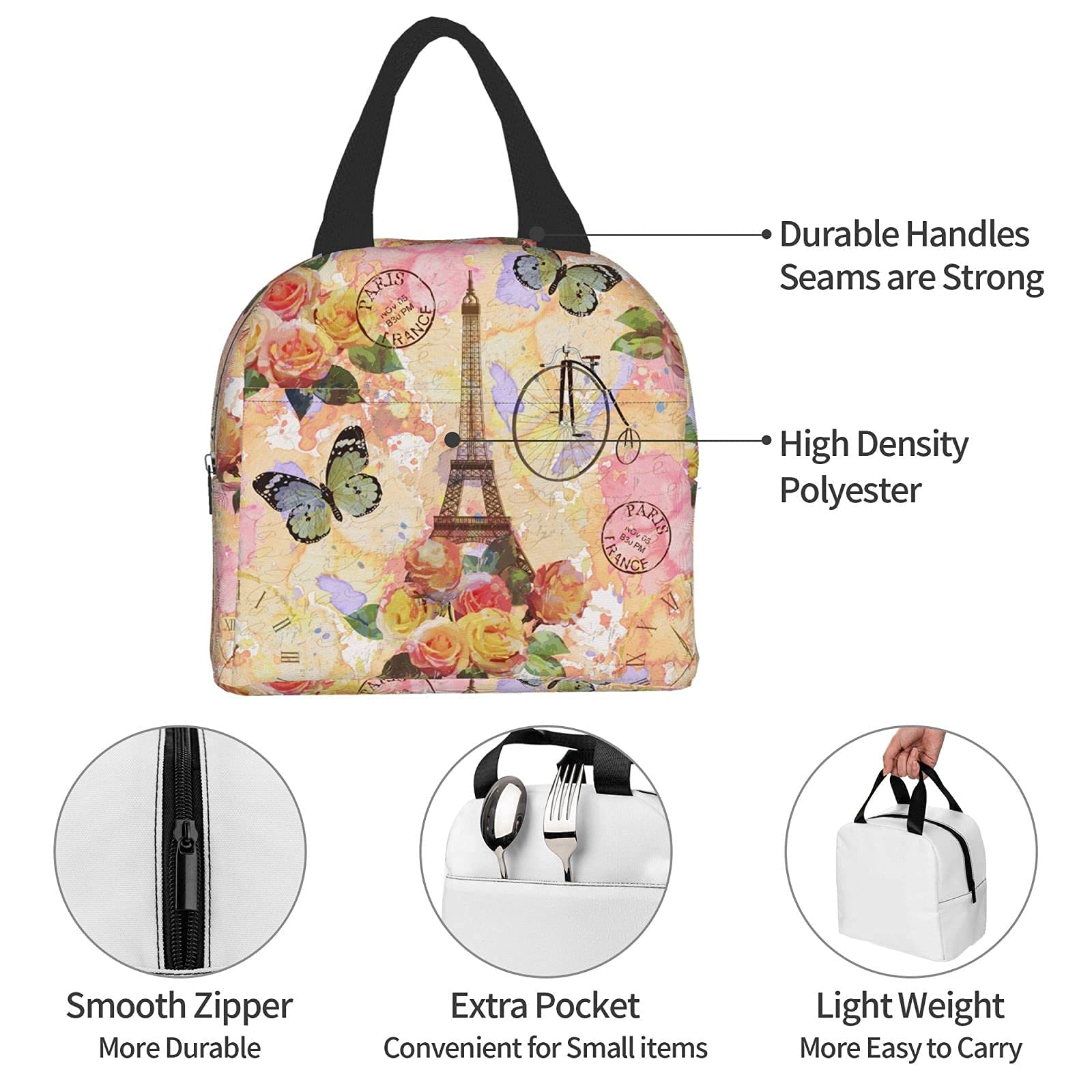 Paris Eiffel Tower Butterfly Floral Print Insulated Lunch Bag - Reusable Tote for Women & Men, School, Office, Work, Picnic & Travel