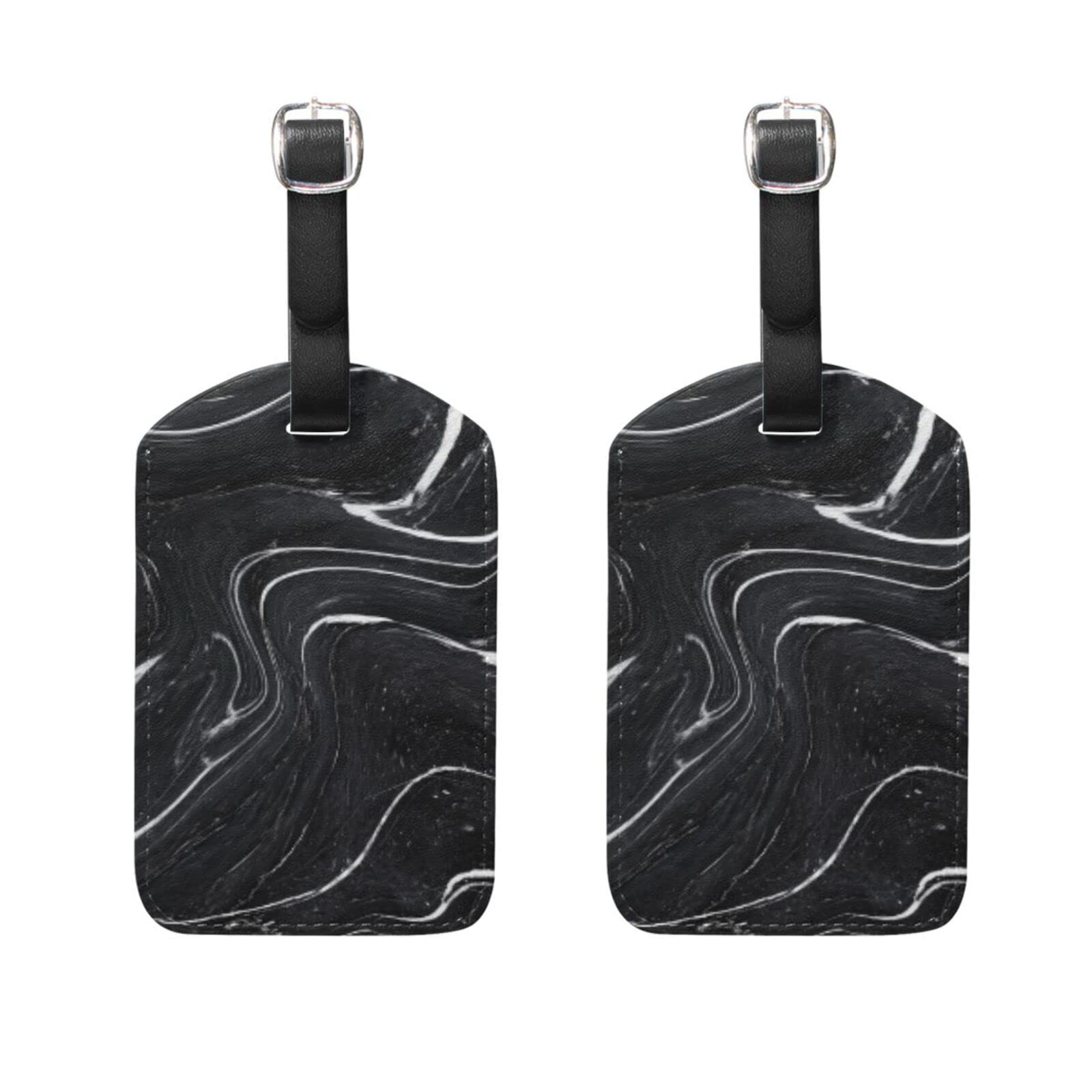 2 Pack Black & White Marble Luggage Tags for Suitcases - PU Leather Travel Baggage Tags with Privacy Cover & ID Name Label - Perfect for Airports, Cruise Ships, and Business Trips