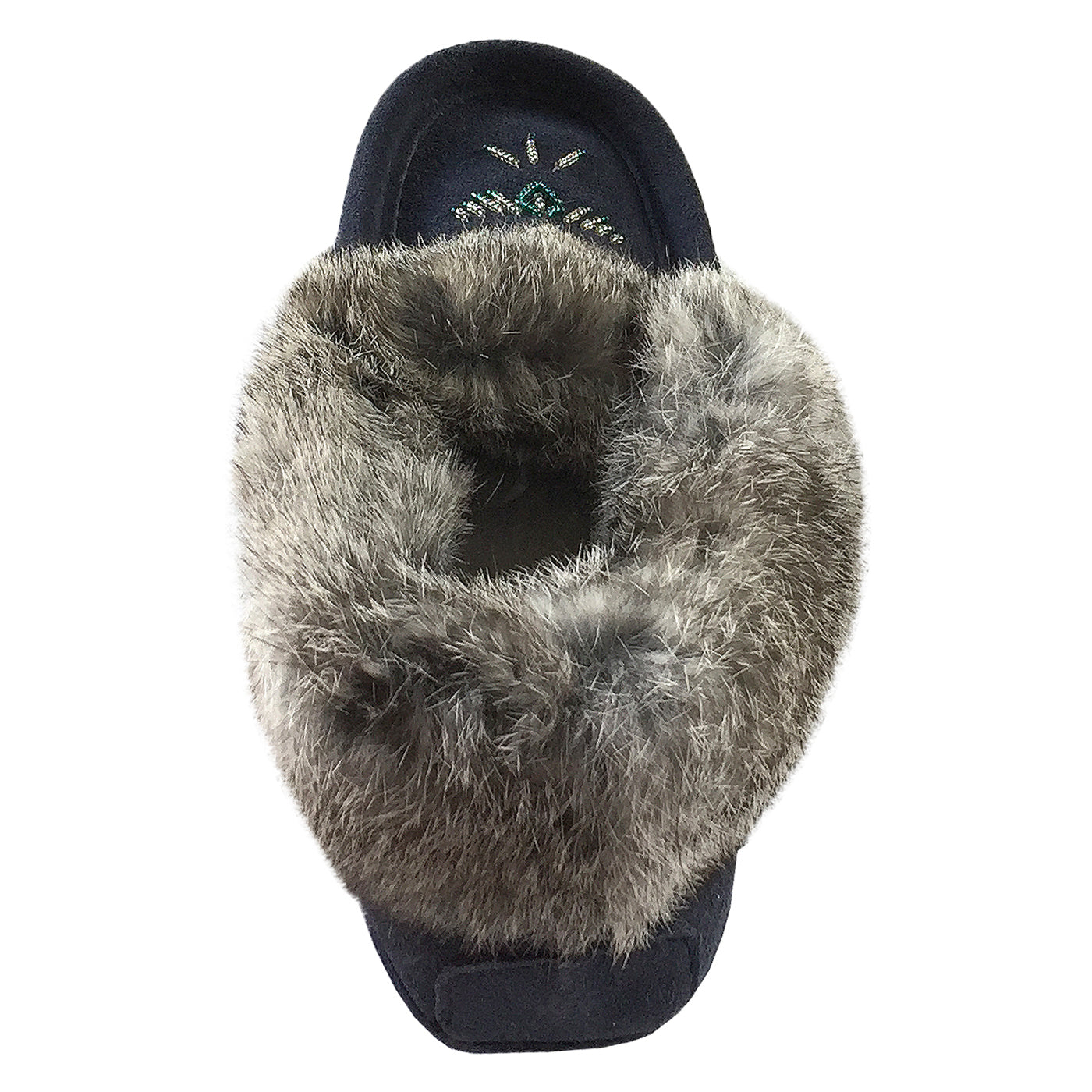 Women's Soft Rabbit Fur Thunderbird Beaded Moccasins - Comfortable Navy Blue Native American Style Slip-On Shoes for Casual Wear, Home & Winter Indoor Use
