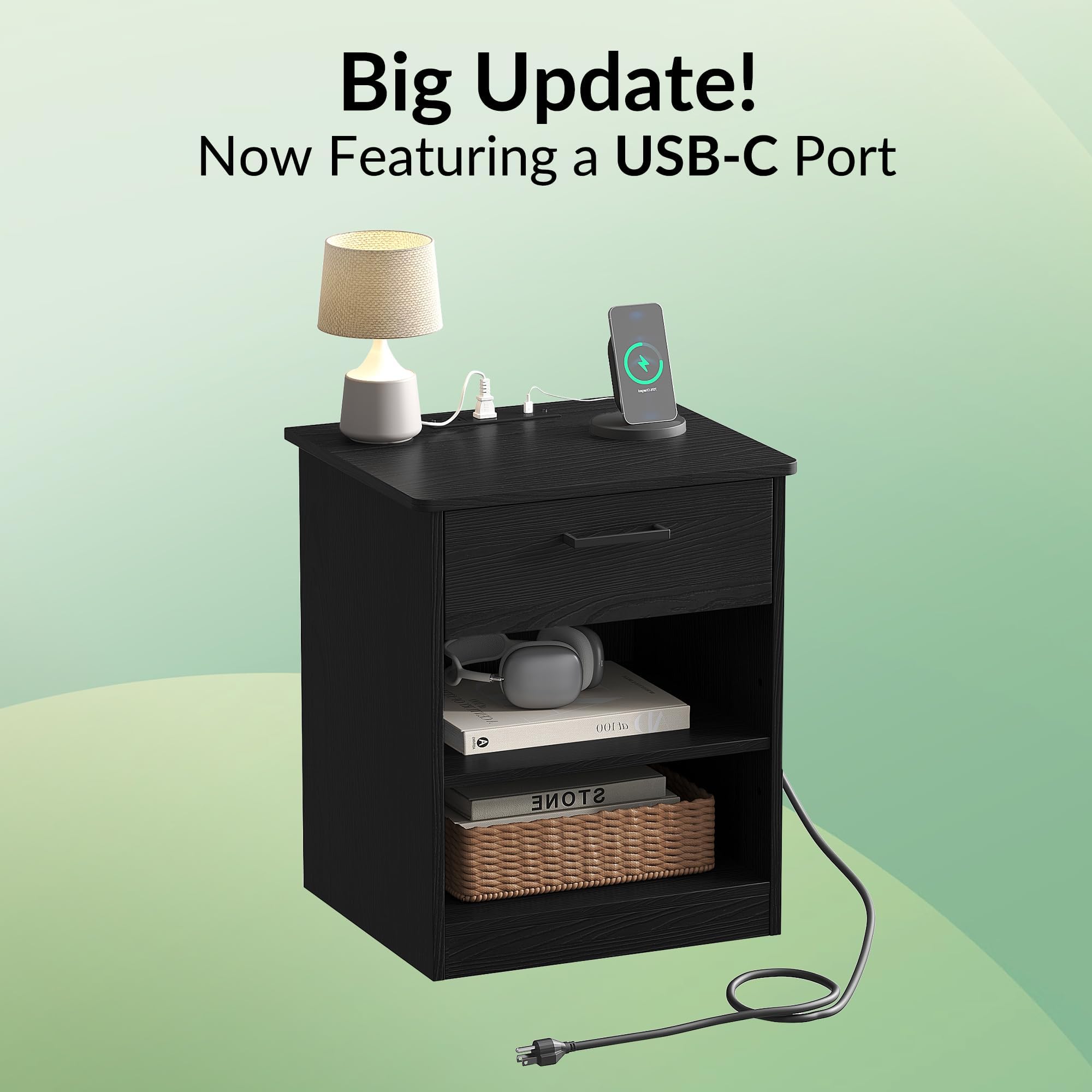 Fast Charging Wooden Side Table with USB-C Port - Black Nightstand with Drawer & Adjustable Shelf for Bedroom | Compact End Table for Phone Charging, Reading Lamp & Alarm Clock Placement (Set of 1)