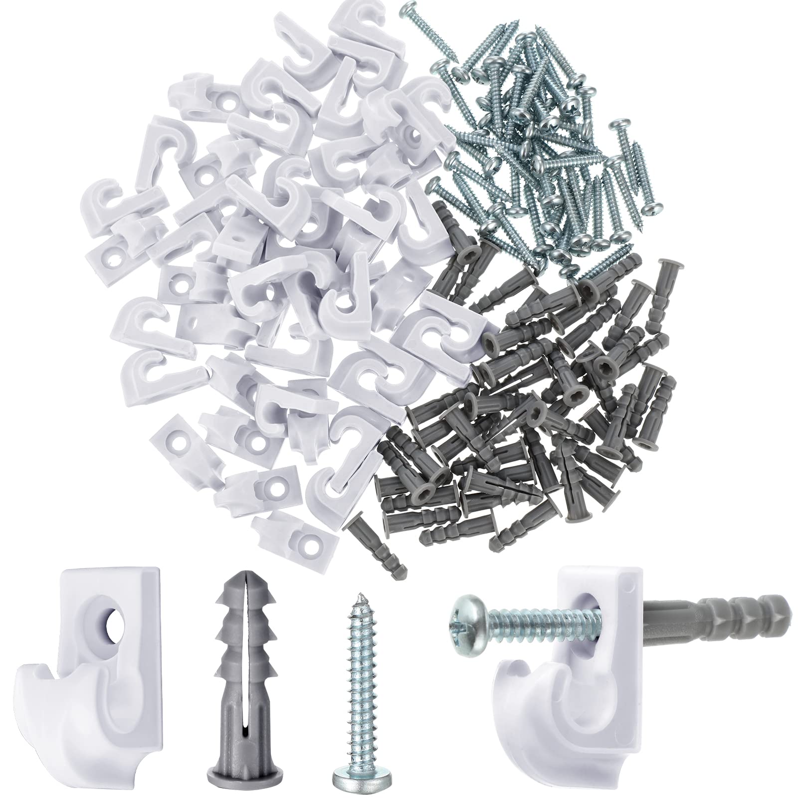 Oudain 24 Pack White Plastic Down Wall Clips for Closet Shelves - Heavy Duty Loop Hooks with Screws & Expansion Tubes - Perfect for Organizing Closets, Garages & Storage Rooms