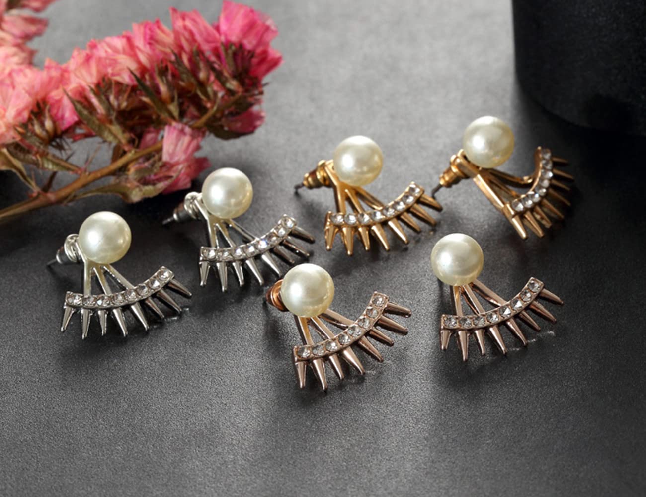 Jumwrit Silver Spike Ear Jacket Earrings with Pearl Stud & Rhinestone Dangle - Minimalist Front Back Cuff Earrings for Women | Perfect for Parties, Weddings & Everyday Wear