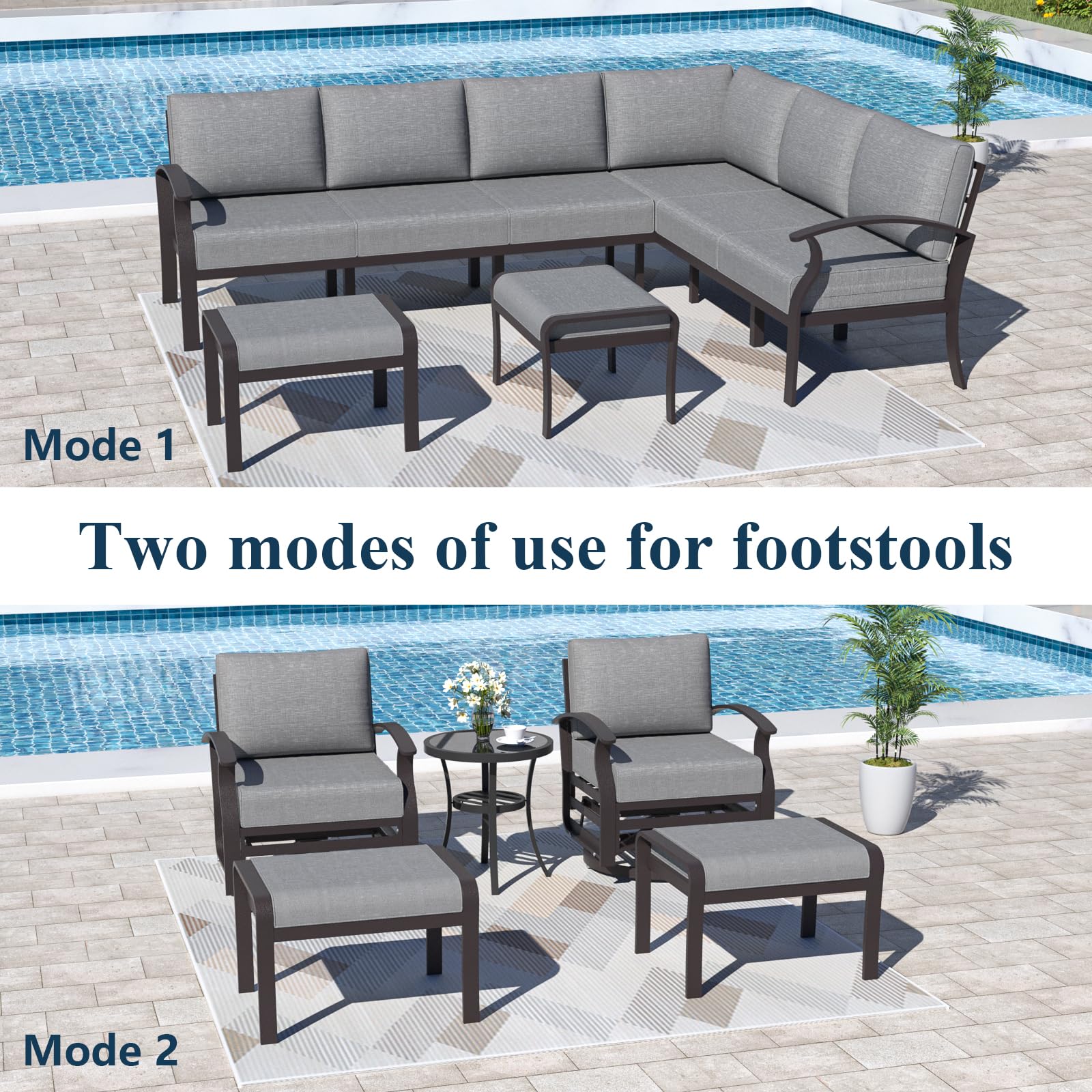 10-Piece Aluminum Patio Furniture Set with Propane Fire Pit Table & Swivel Chairs - Grey Outdoor Sectional Sofa with 5.1