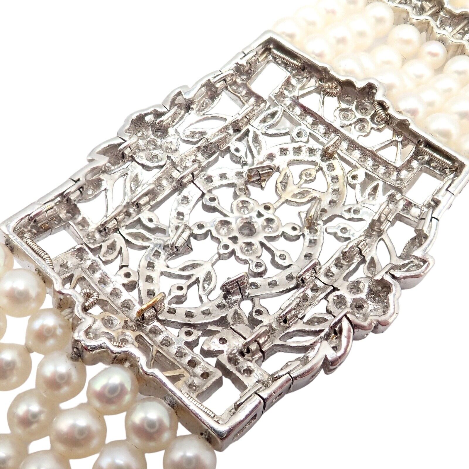 Vintage 18k White Gold Diamond & Pearl Bracelet - 7 Rows 4.5mm Pearls, Elegant Estate Jewelry for Women - Perfect for Weddings, Anniversaries & Special Occasions