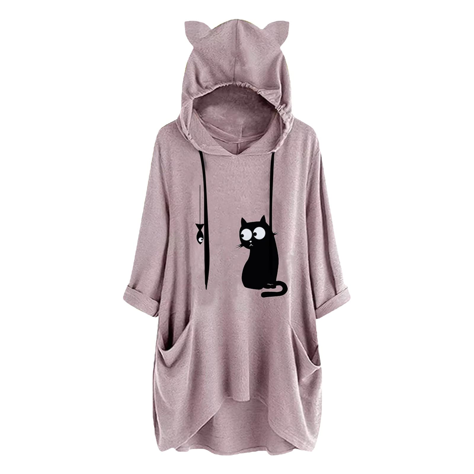 Women's Cute Cat & Fish Print Hooded Pullover Sweatshirt - Big Size Long Sleeve with Pockets & Cat Ears - Cozy Winter Fashion for Casual Wear, Street Style & Cat Lovers