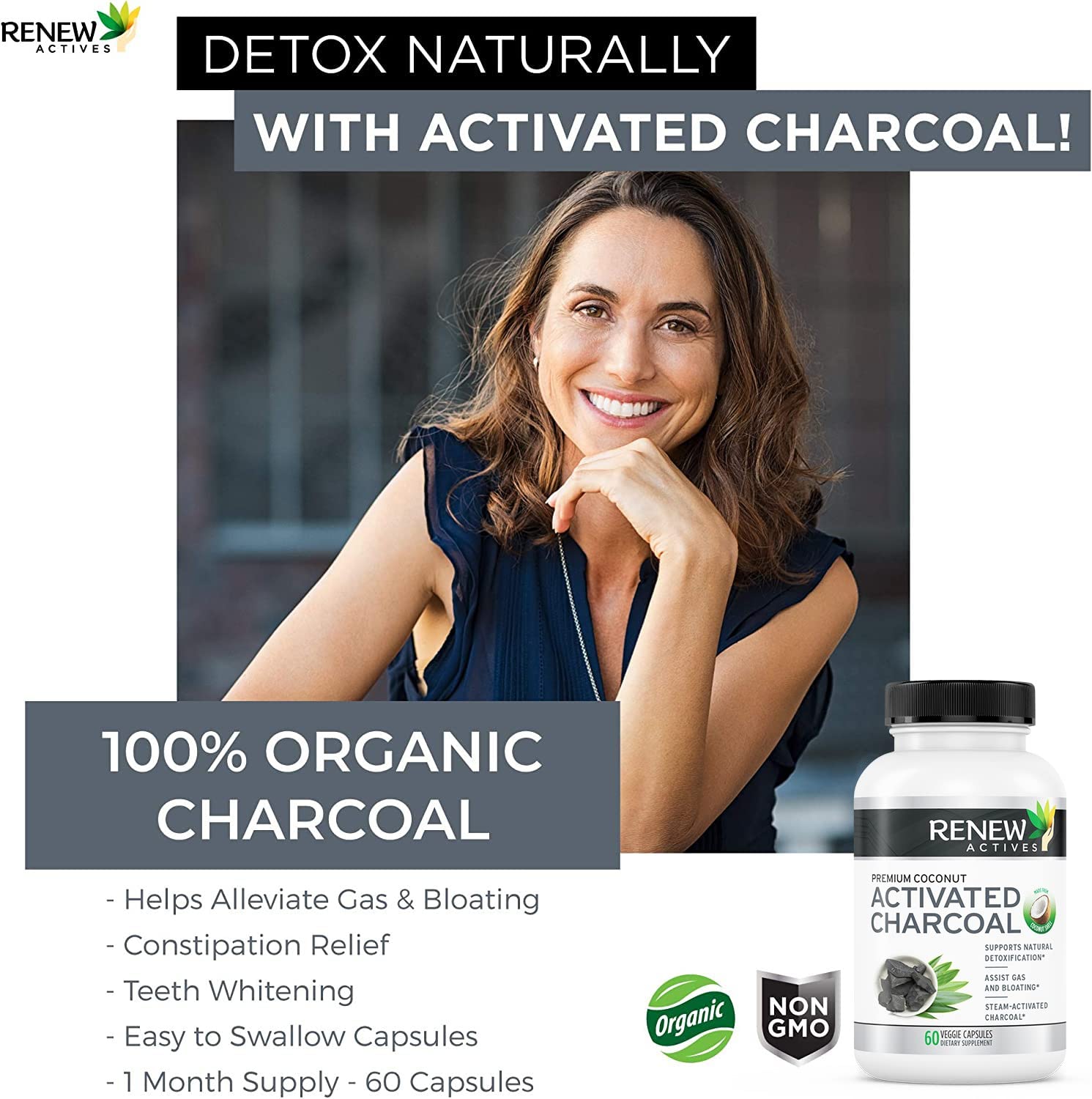 Renew Actives Activated Charcoal Supplement 1100MG (60 Capsules) - Natural Digestive Support & Teeth Whitening Formula | Made in Canada | No Artificial Ingredients | Detox & Oral Care for Daily Wellness
