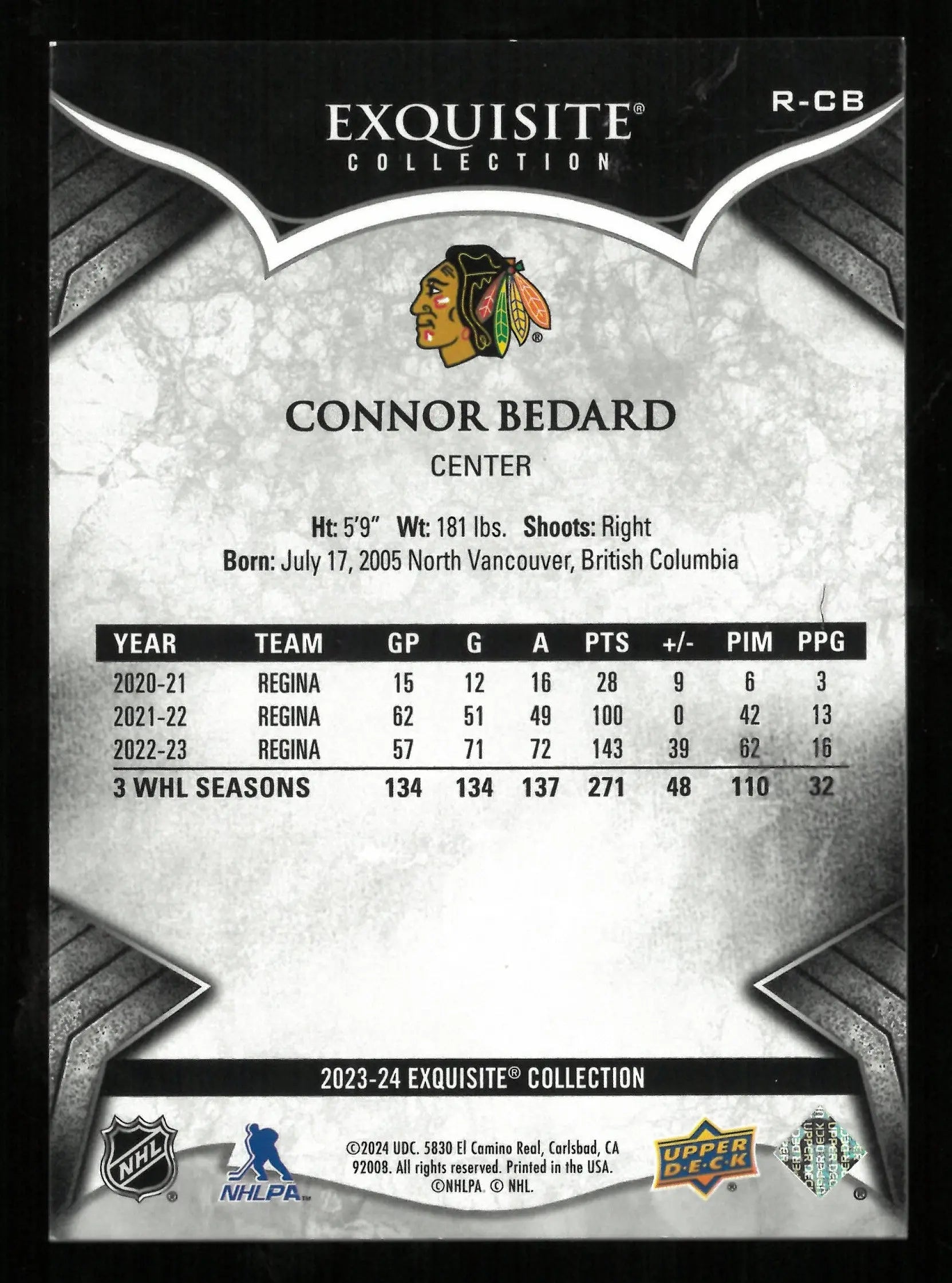 2023-24 Upper Deck Exquisite Collection Gold Connor Bedard Rookie Card /99 - Rare Hockey Collectible for Fans & Investors
